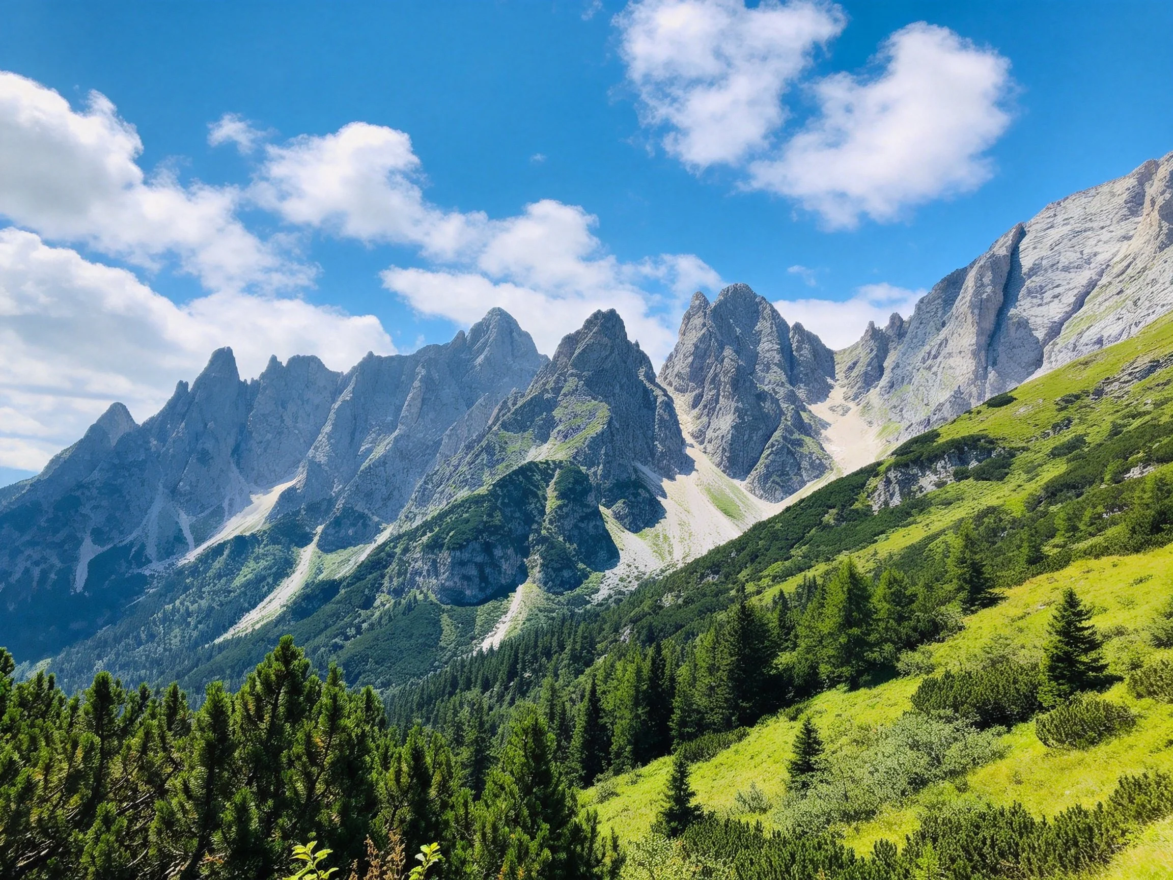 Sharp jagged peaks tower over lush green slopes and forests under a clear blue sky.