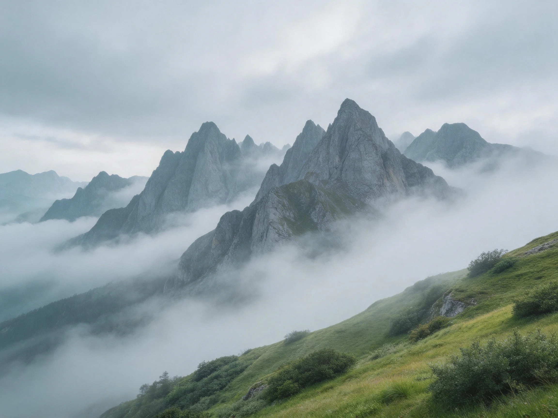 Sharp mountain peaks surrounded by misty clouds over green terrain