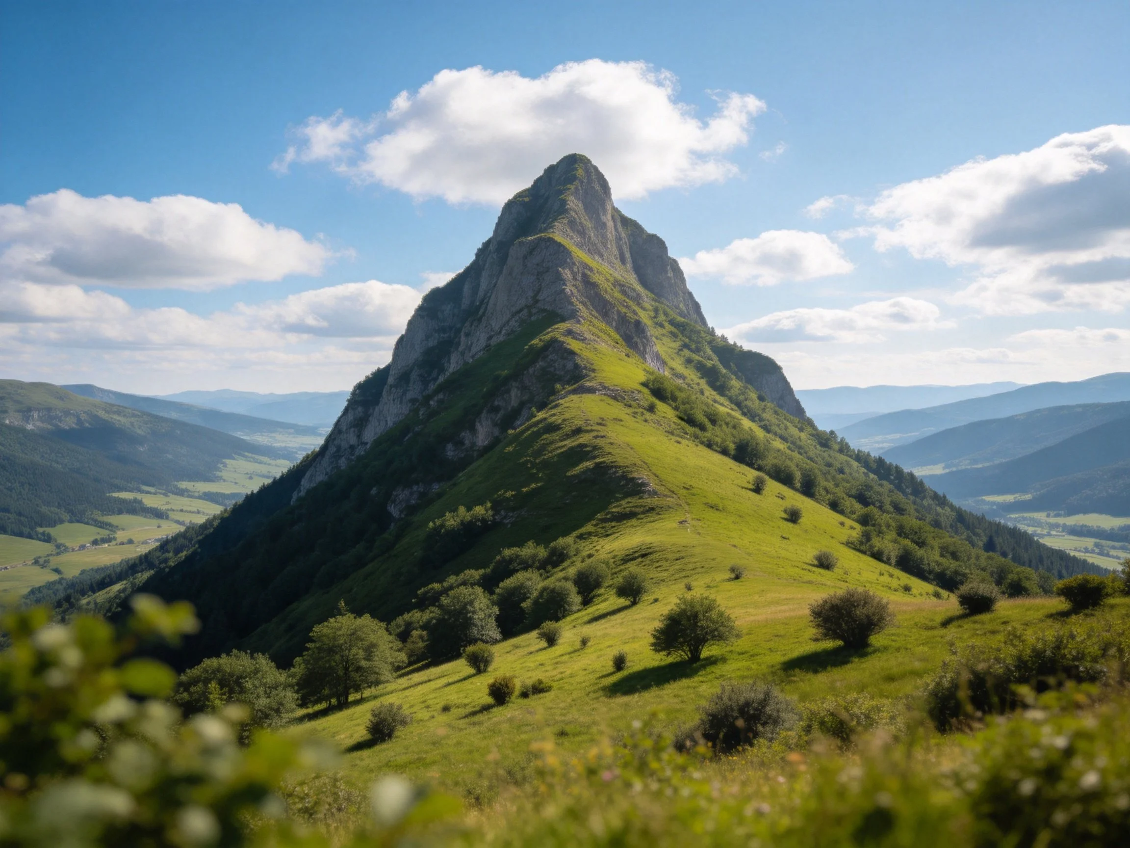 Sharp rocky peak towers over lush green hills and valleys