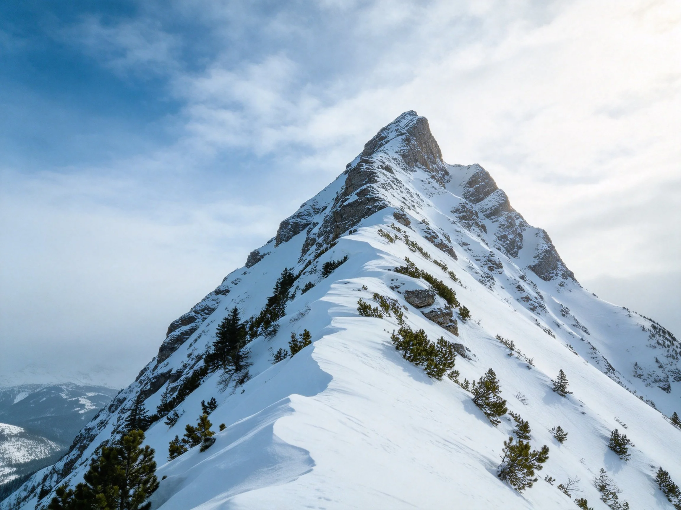 Sharp snow - capped mountain peak with scattered evergreen trees