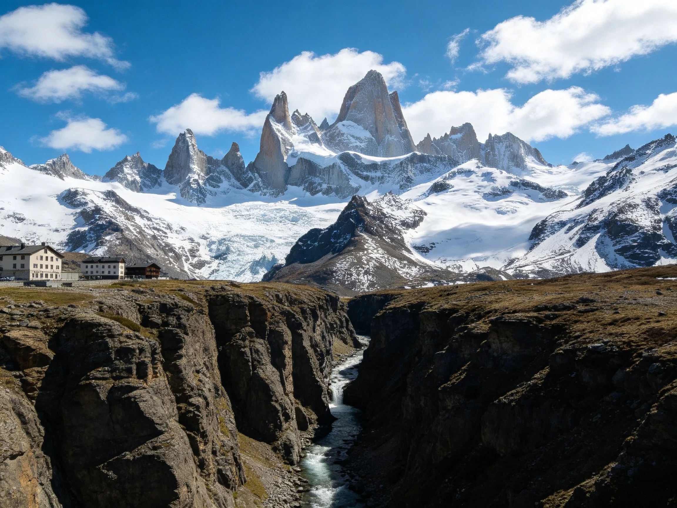 Sharp snow-capped mountain peaks rise above a rocky canyon with a winding stream