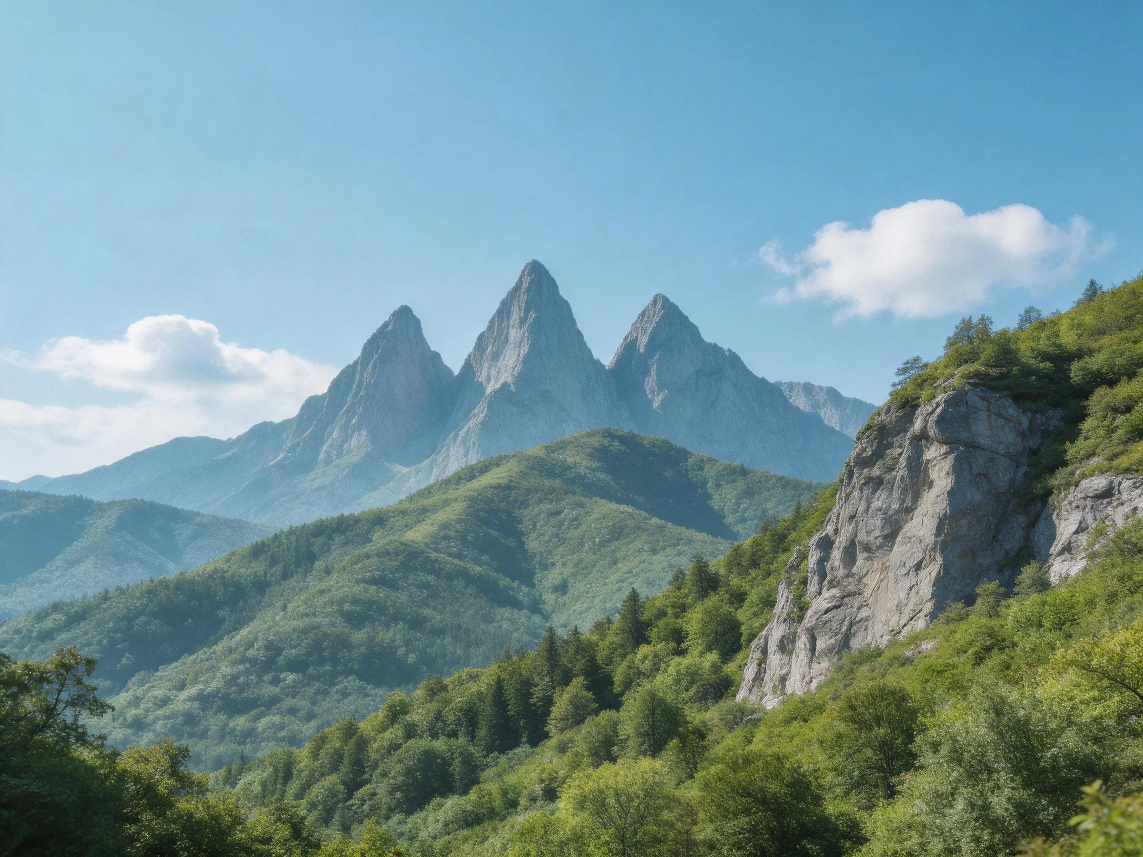 Sharp triangular peaks rise above lush green forests and rocky terrain under clear blue skies