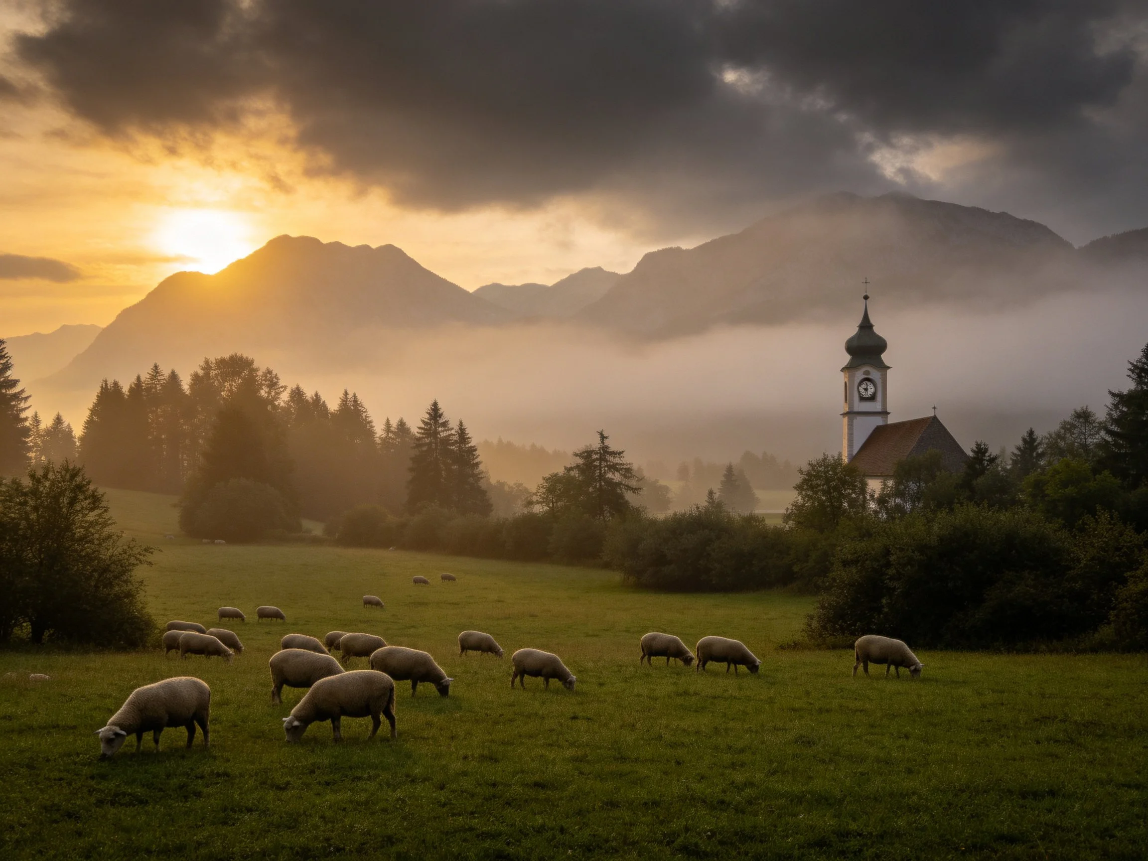 Sheep graze near a church tower under misty mountain sunrise