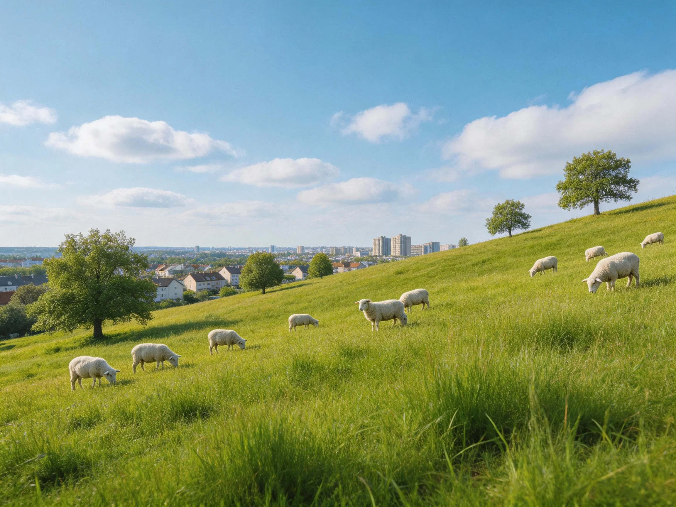 Sheep graze on a lush green hillside with distant town buildings