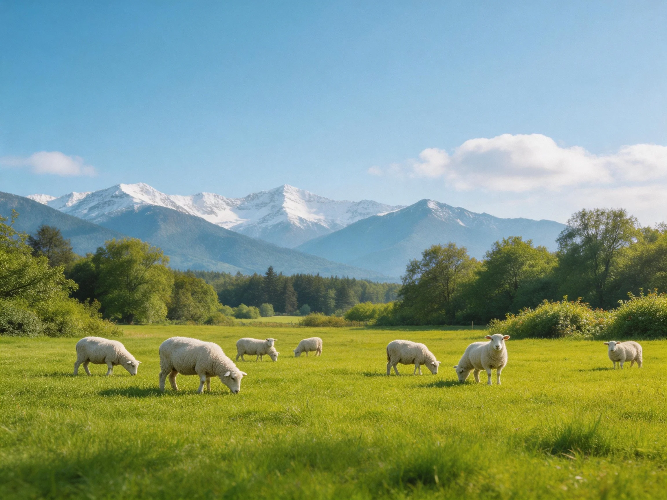 Sheep grazing in a lush meadow near snow-capped mountains