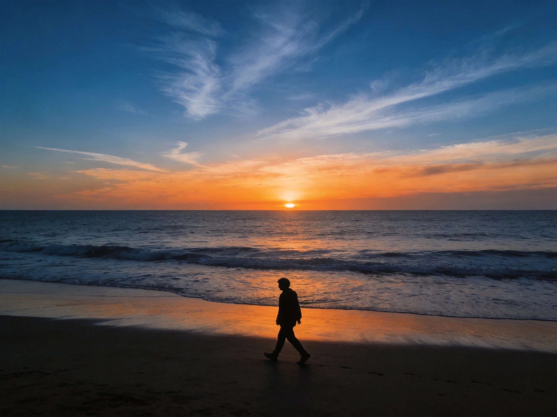 Silhouette of person walking on sandy beach during vibrant sunset