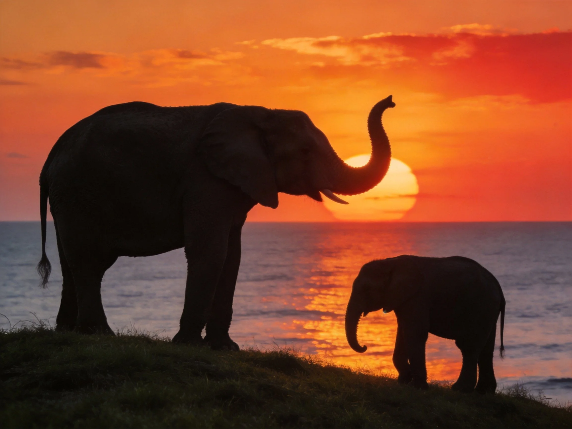 Silhouetted Adult and Juvenile Elephants by Ocean at Sunset