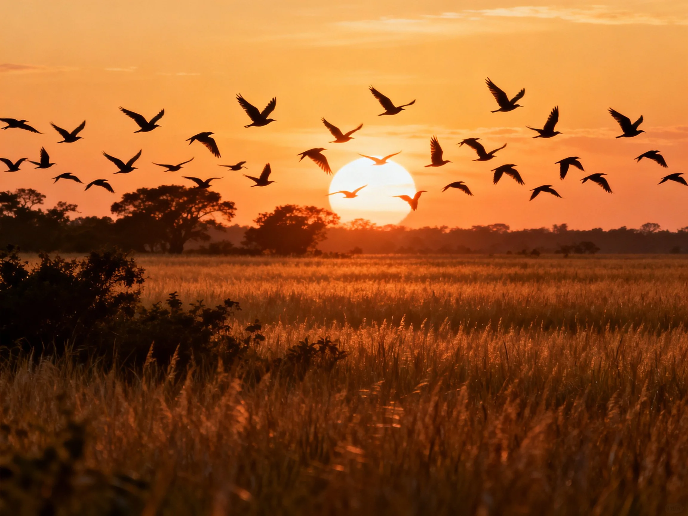 Silhouetted Birds Flying Over Golden Field at Sunset