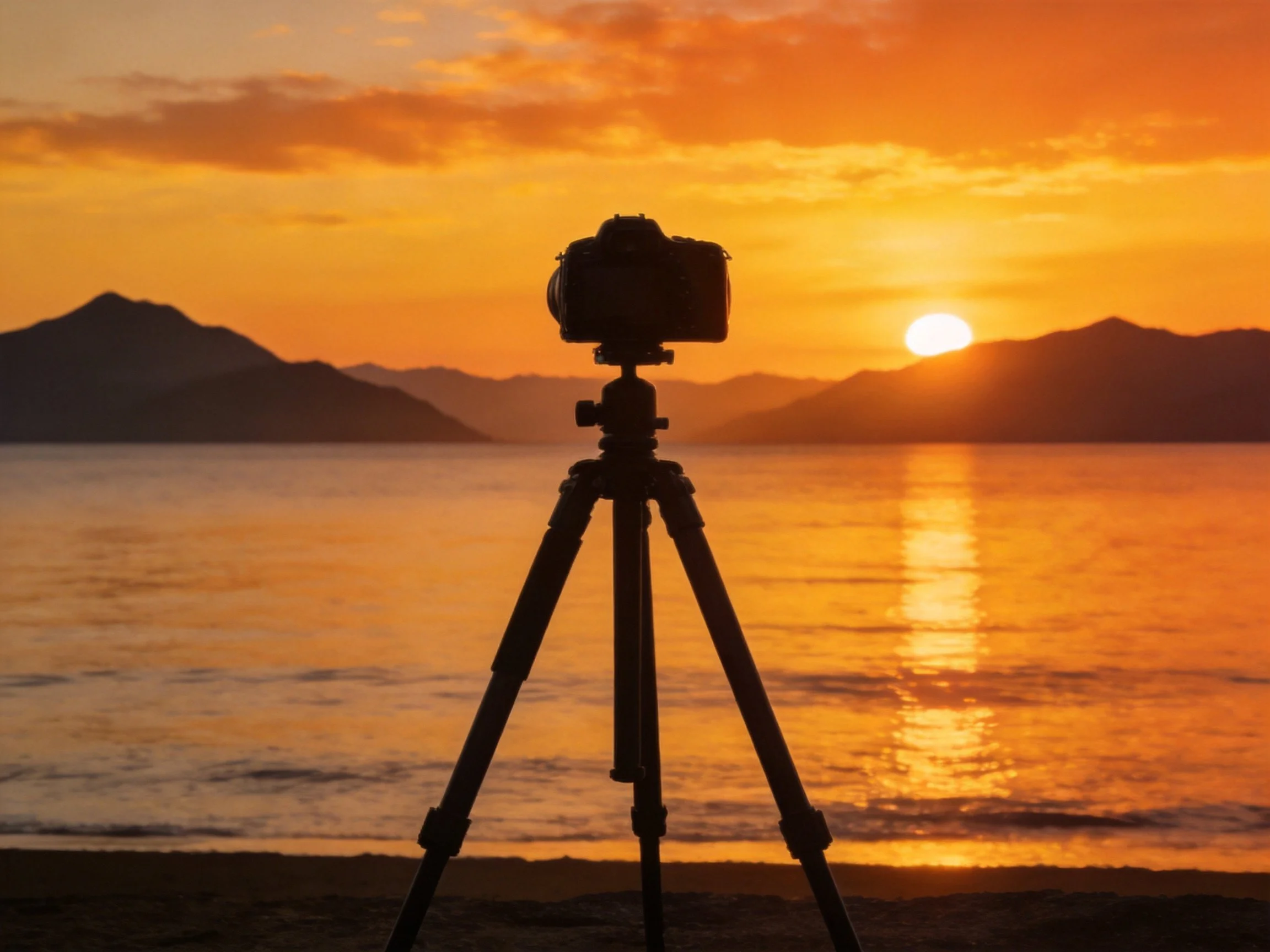 Silhouetted Camera Tripod at Sunset Over Calm Waters