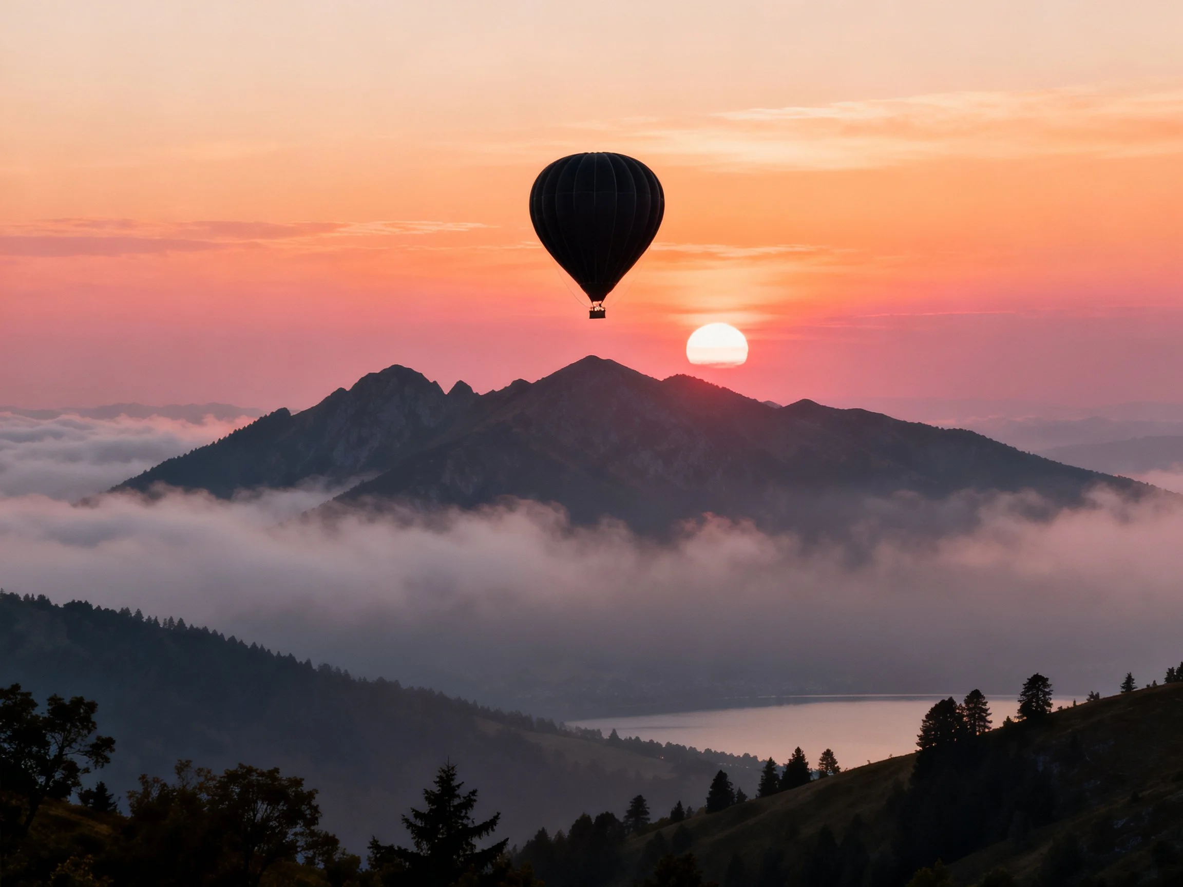 Silhouetted Hot Air Balloon Above Mountain Peaks at Dawn