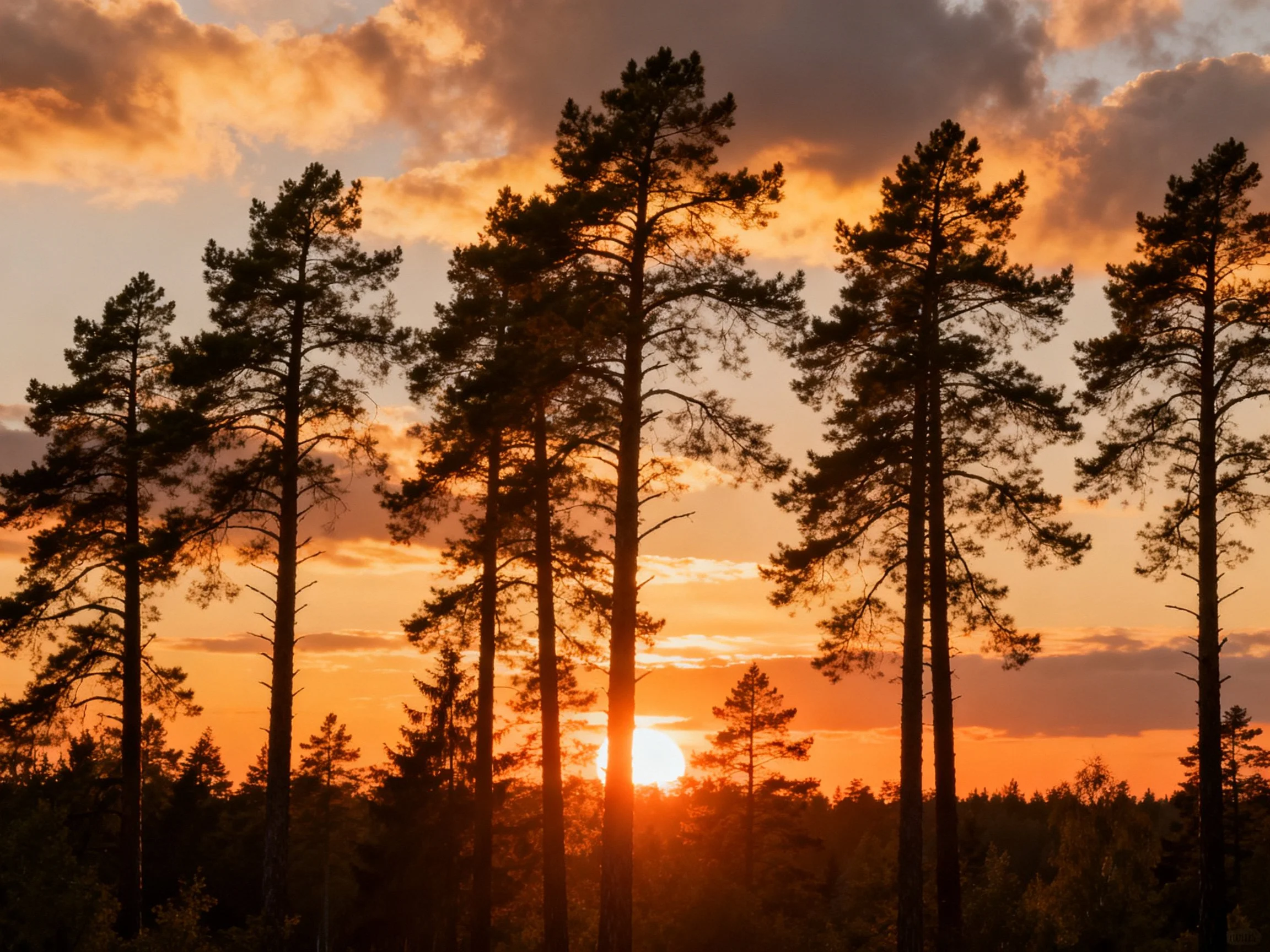 Silhouetted Pine Trees Against Golden Sunset Sky