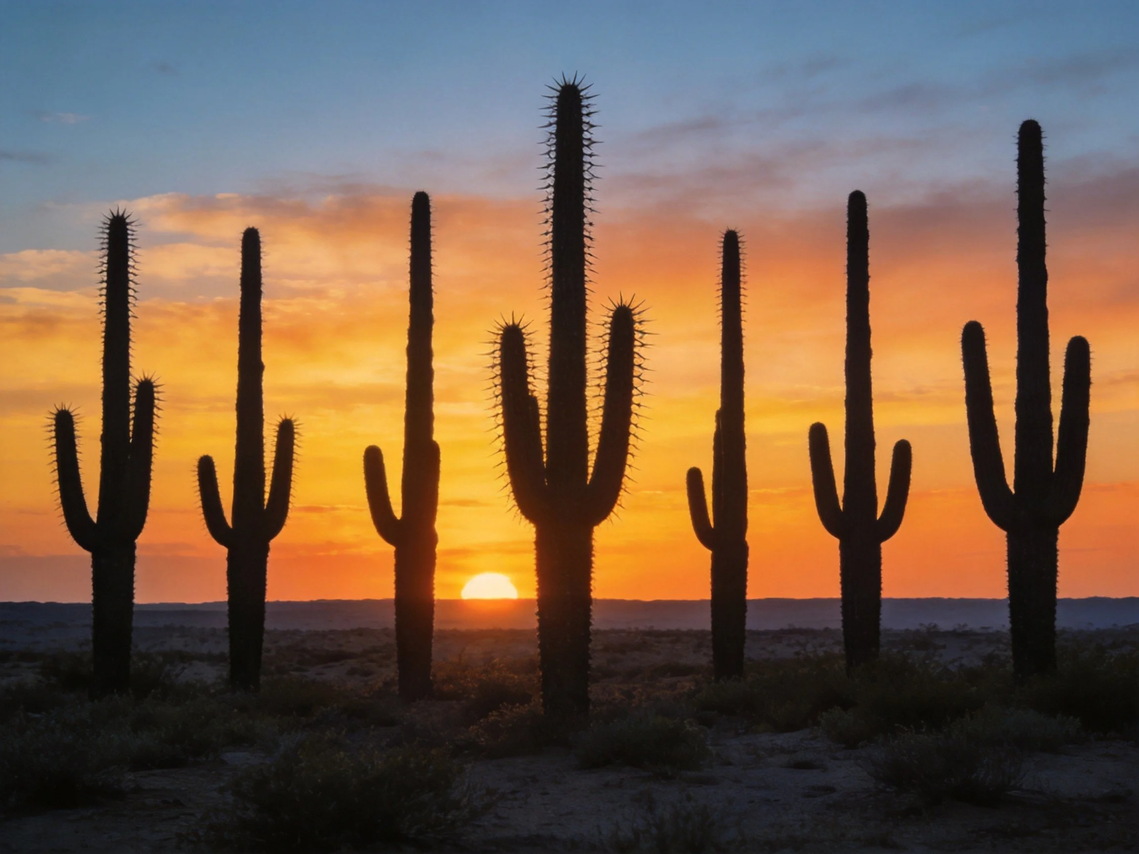 Silhouetted Saguaro Cacti Against Vibrant Desert Sunset