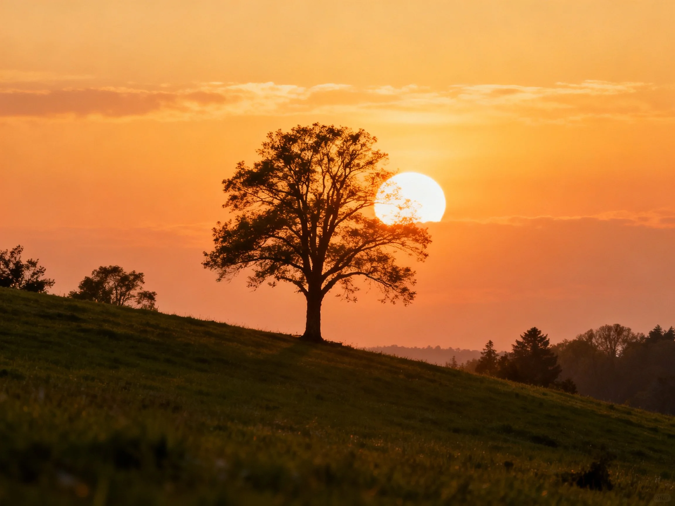 Silhouetted Tree Against Vibrant Sunset Over RollingHill
