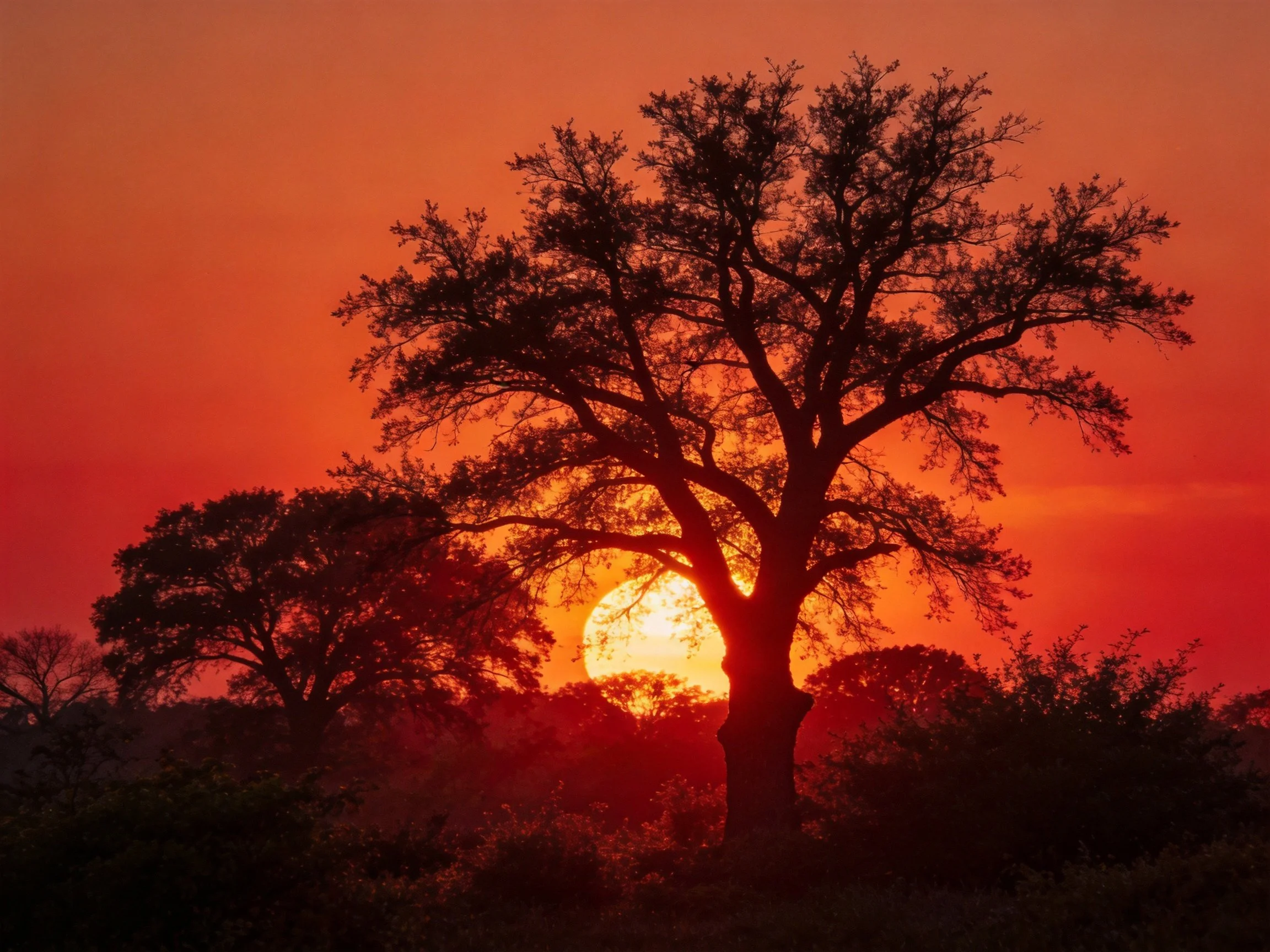 Silhouetted Tree Under Vibrant Orange Sunset