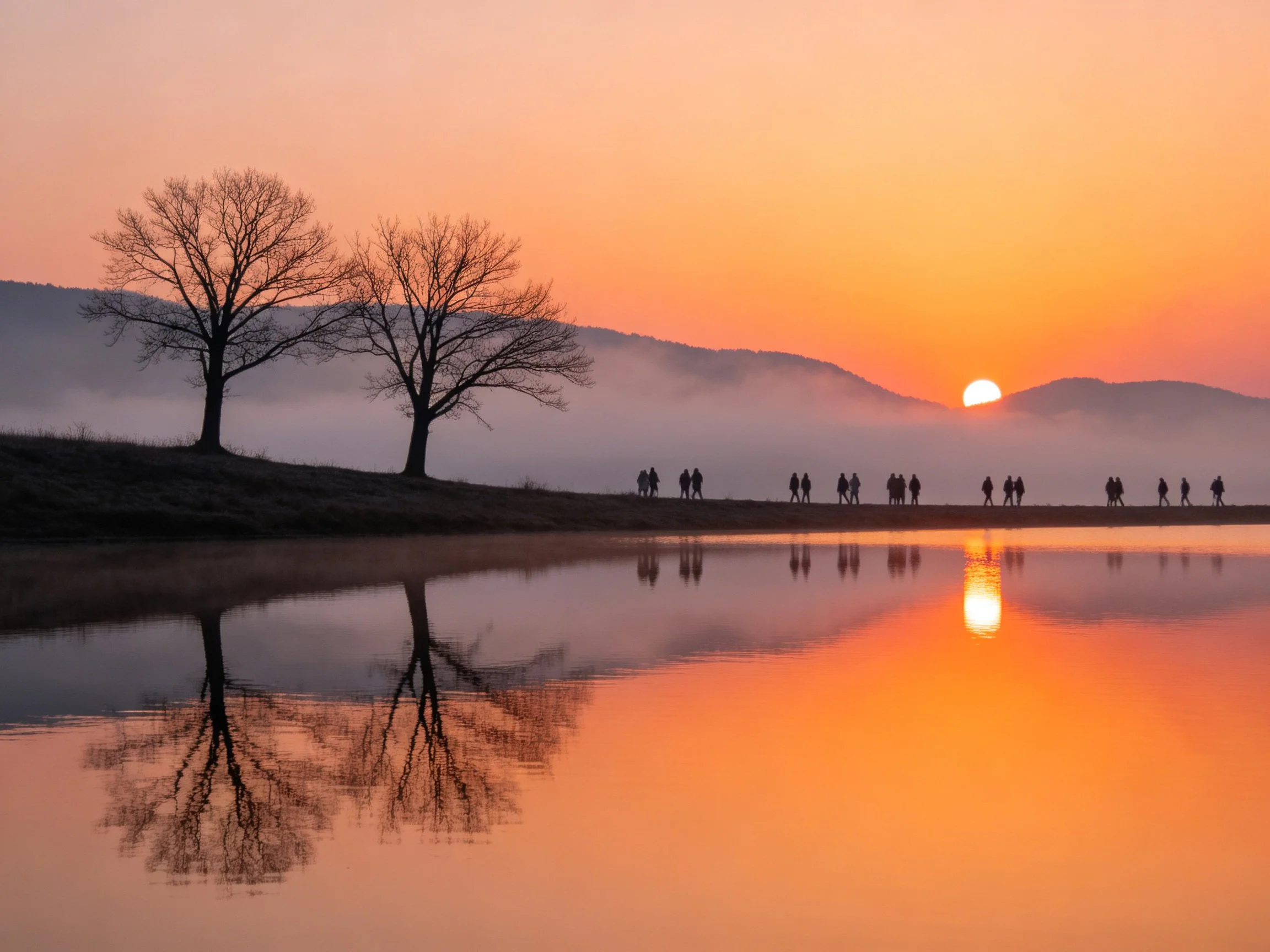Silhouetted Trees and Sunset Reflection Over Still Water