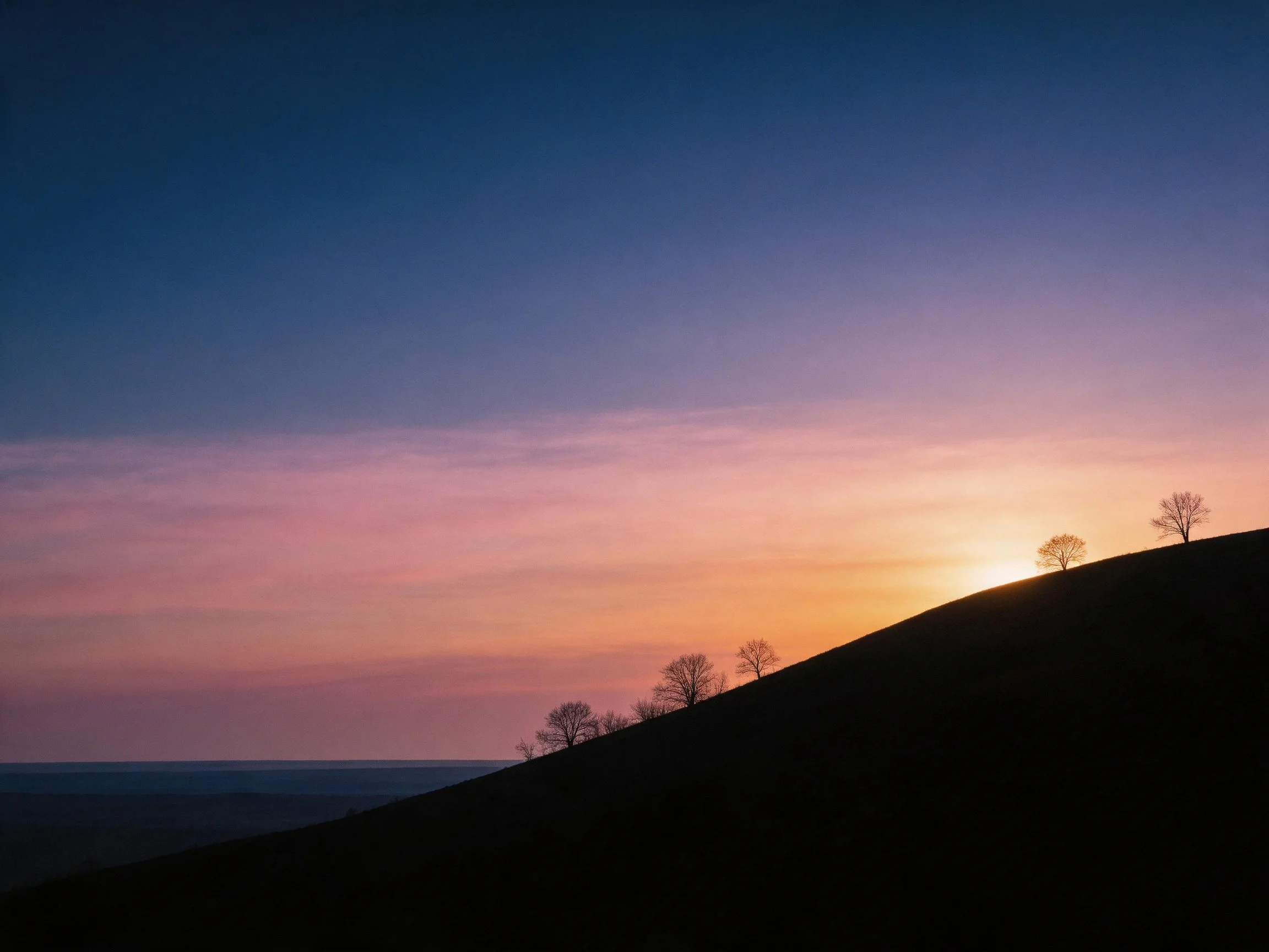 Silhouetted Trees on Sloping Hill Under Gradient Sunset Sky
