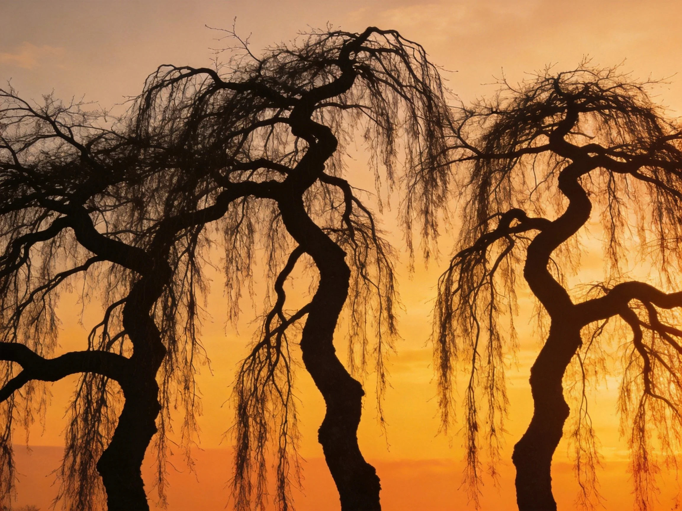 Silhouetted Weeping Willows Against Vibrant Sunset Sky