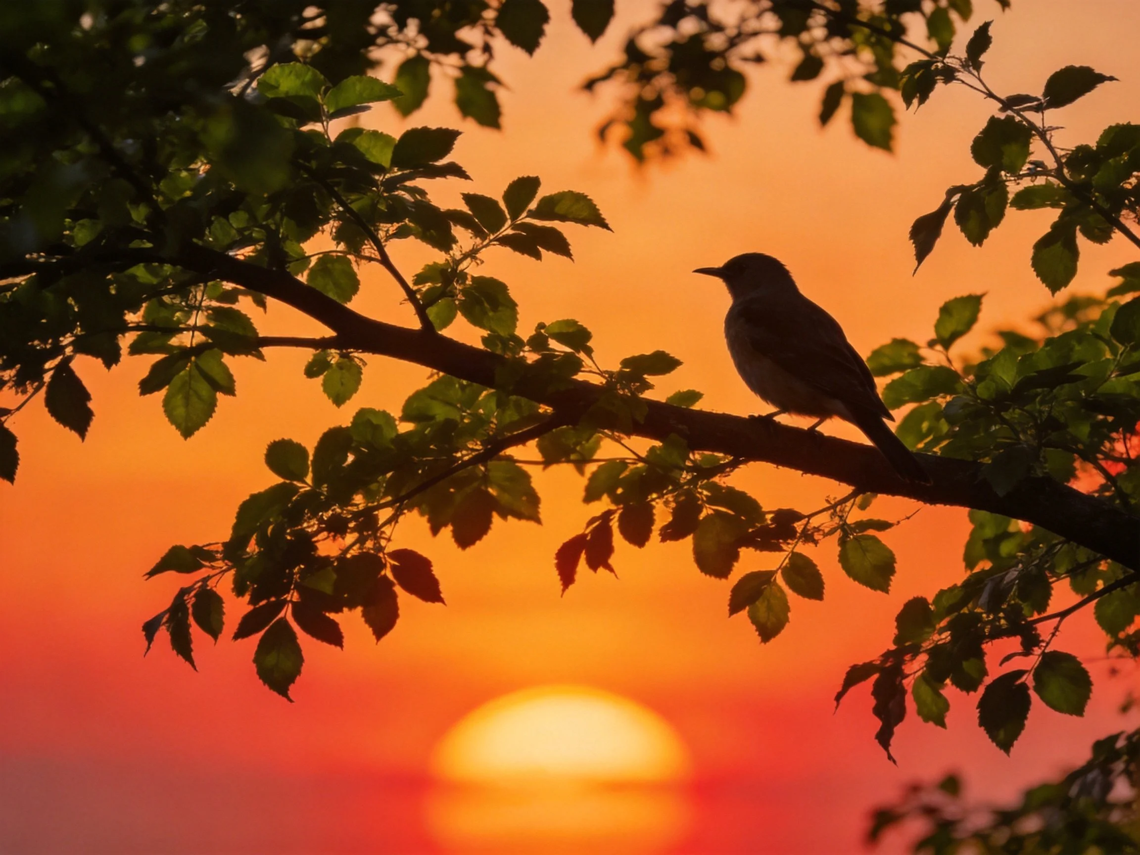 Silhouetted bird perched on tree branch amid vibrant sunset