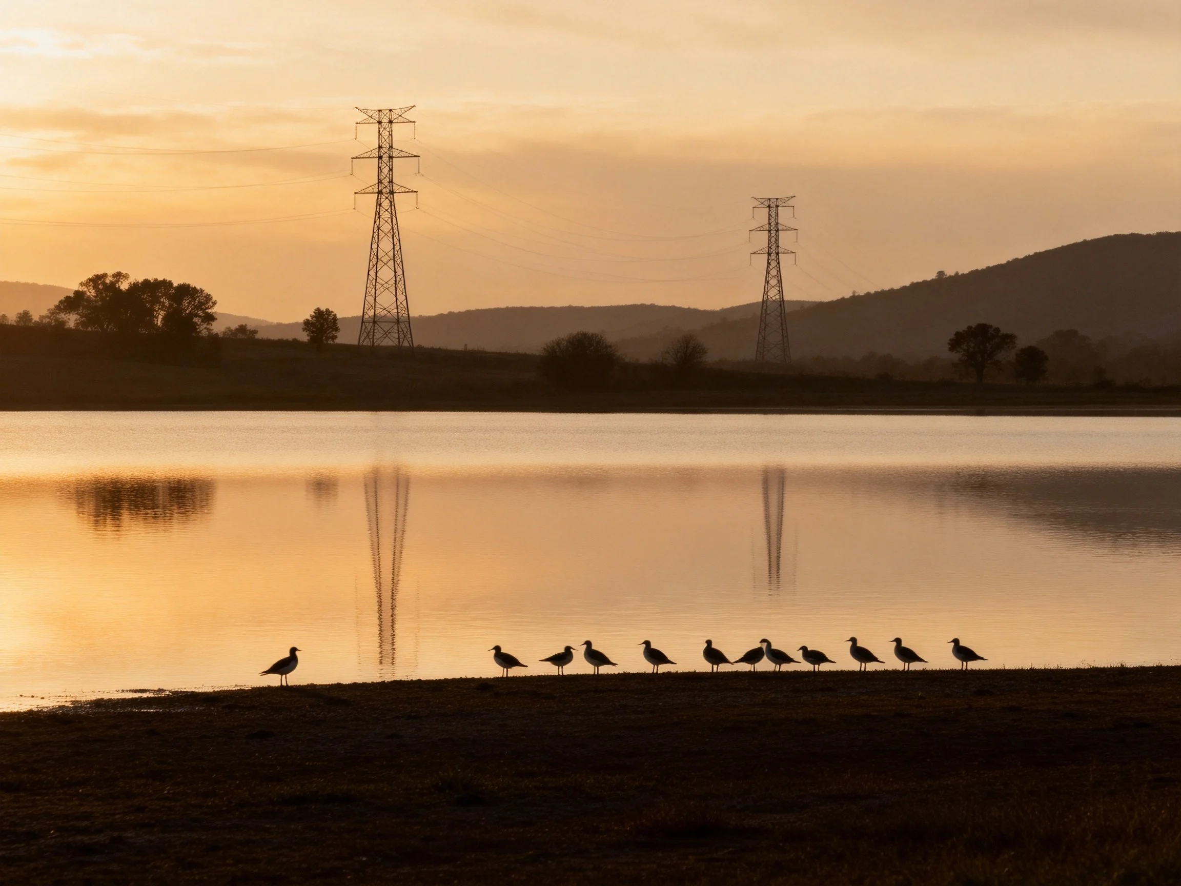 Silhouetted birds gather along a lake shore during sunset with distant power towers
