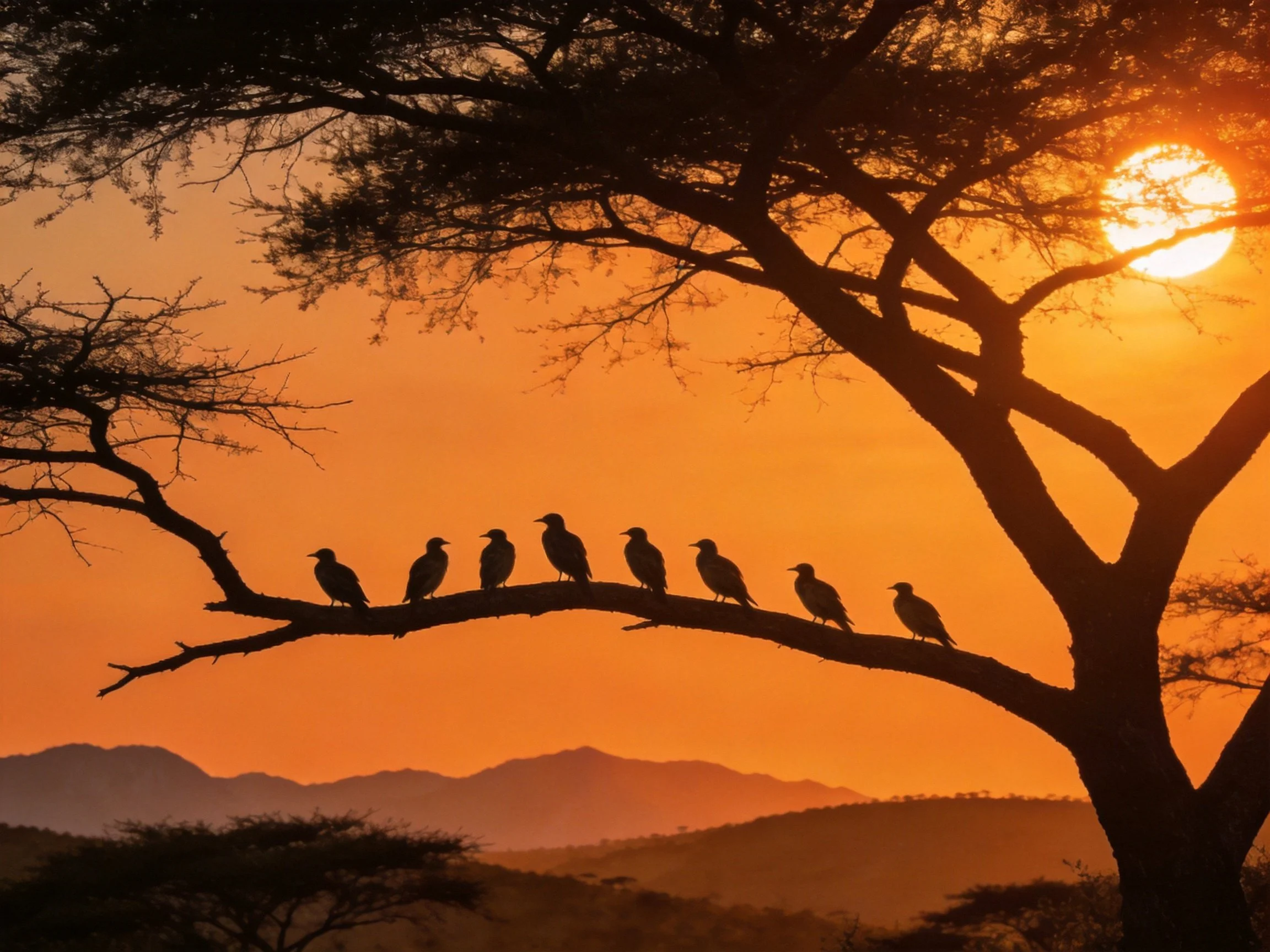 Silhouetted birds perched on a tree branch against an orange sunset sky