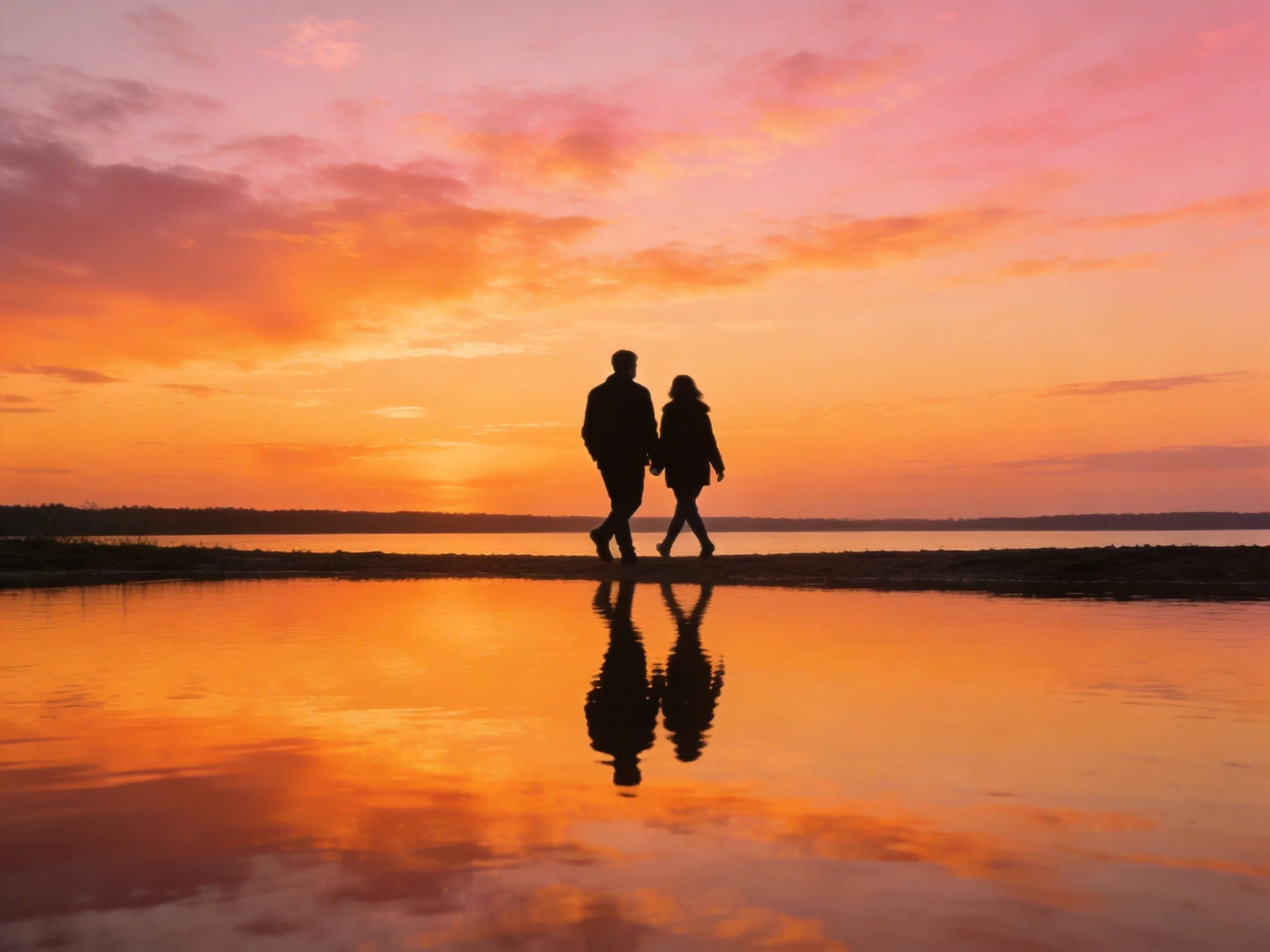 Silhouetted couple walks along reflective shore at sunset