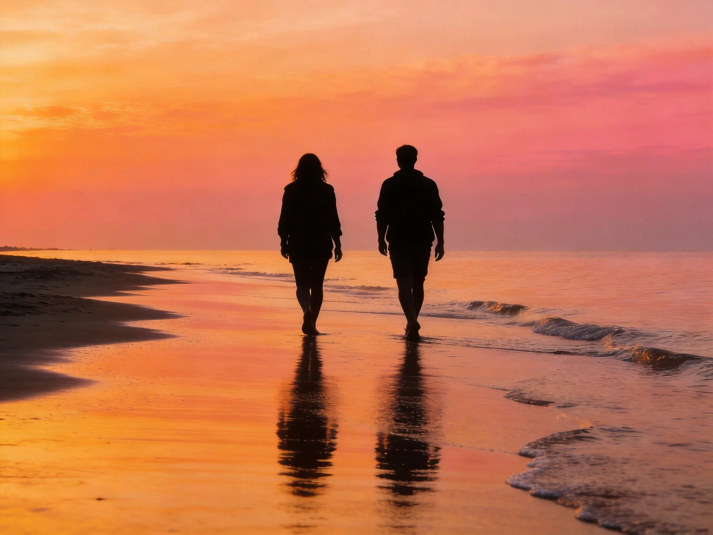 Silhouetted couple walks on a reflective beach at sunset