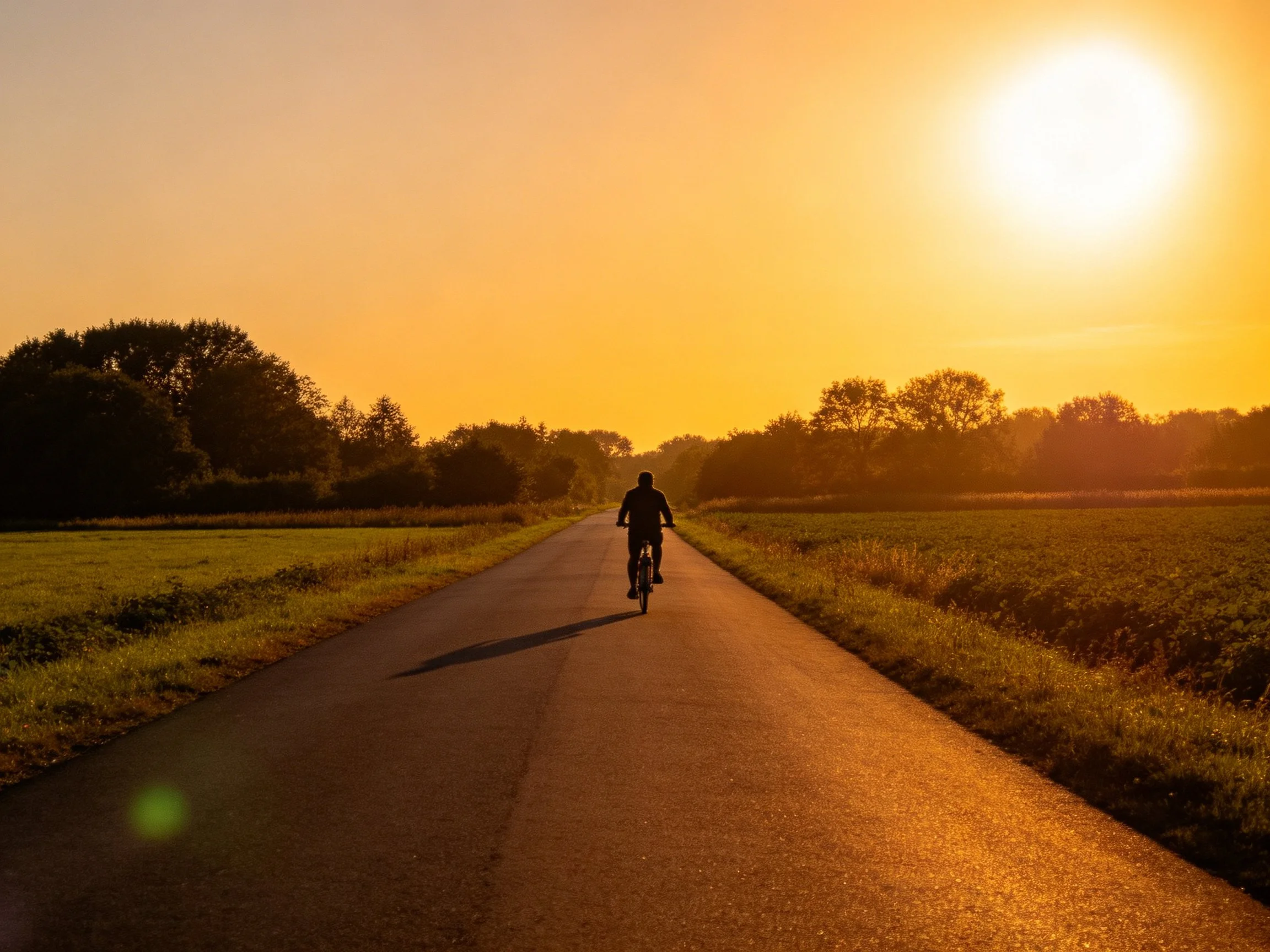 Silhouetted cyclist rides down sun-kissed country road at golden hour