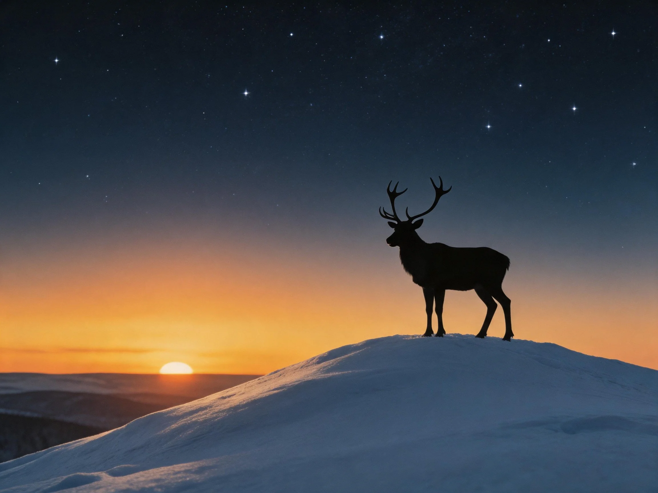 Silhouetted deer atop snow hill under starry dusk sky