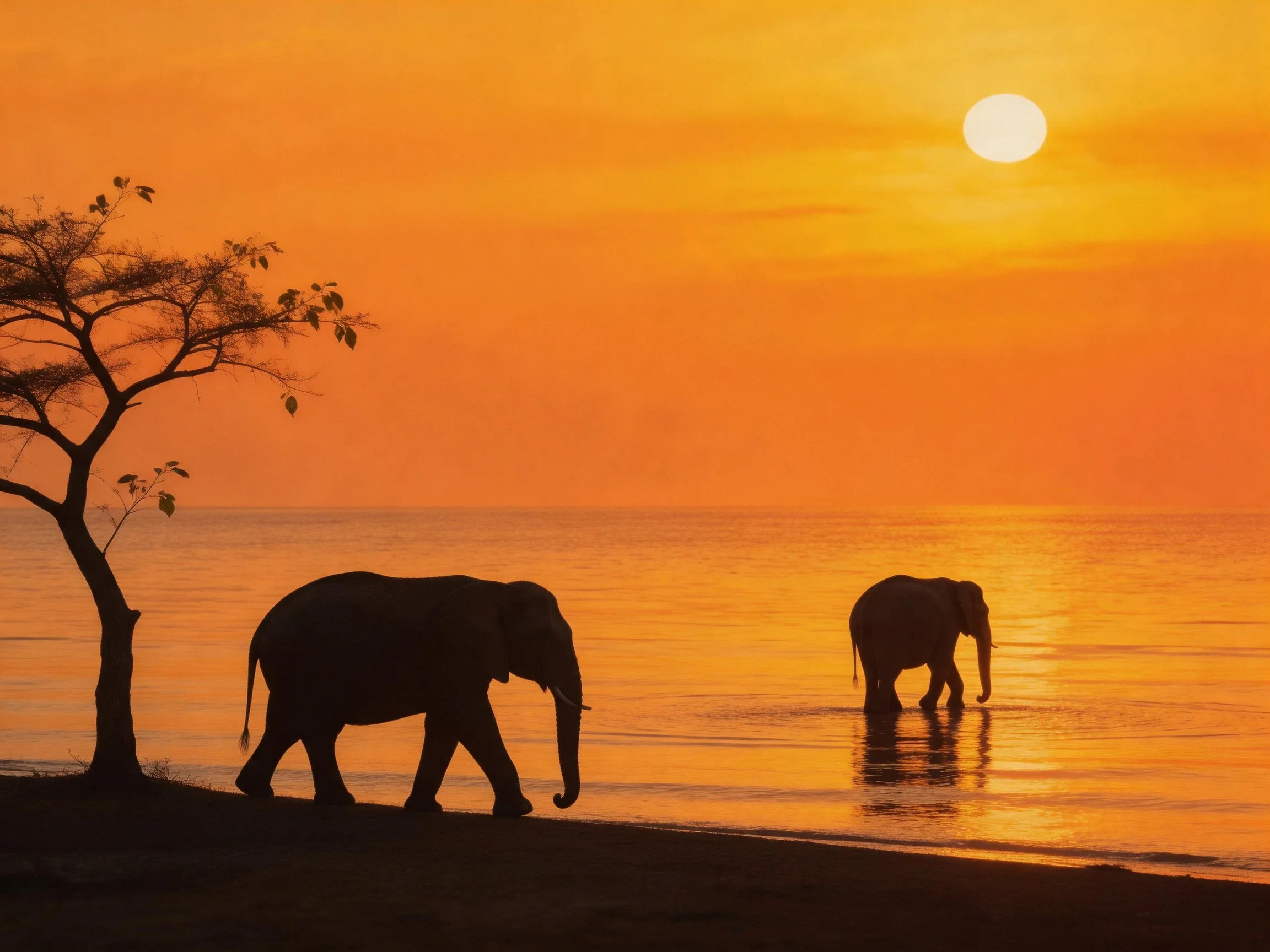 Silhouetted elephants near shoreline under vibrant orange sunset