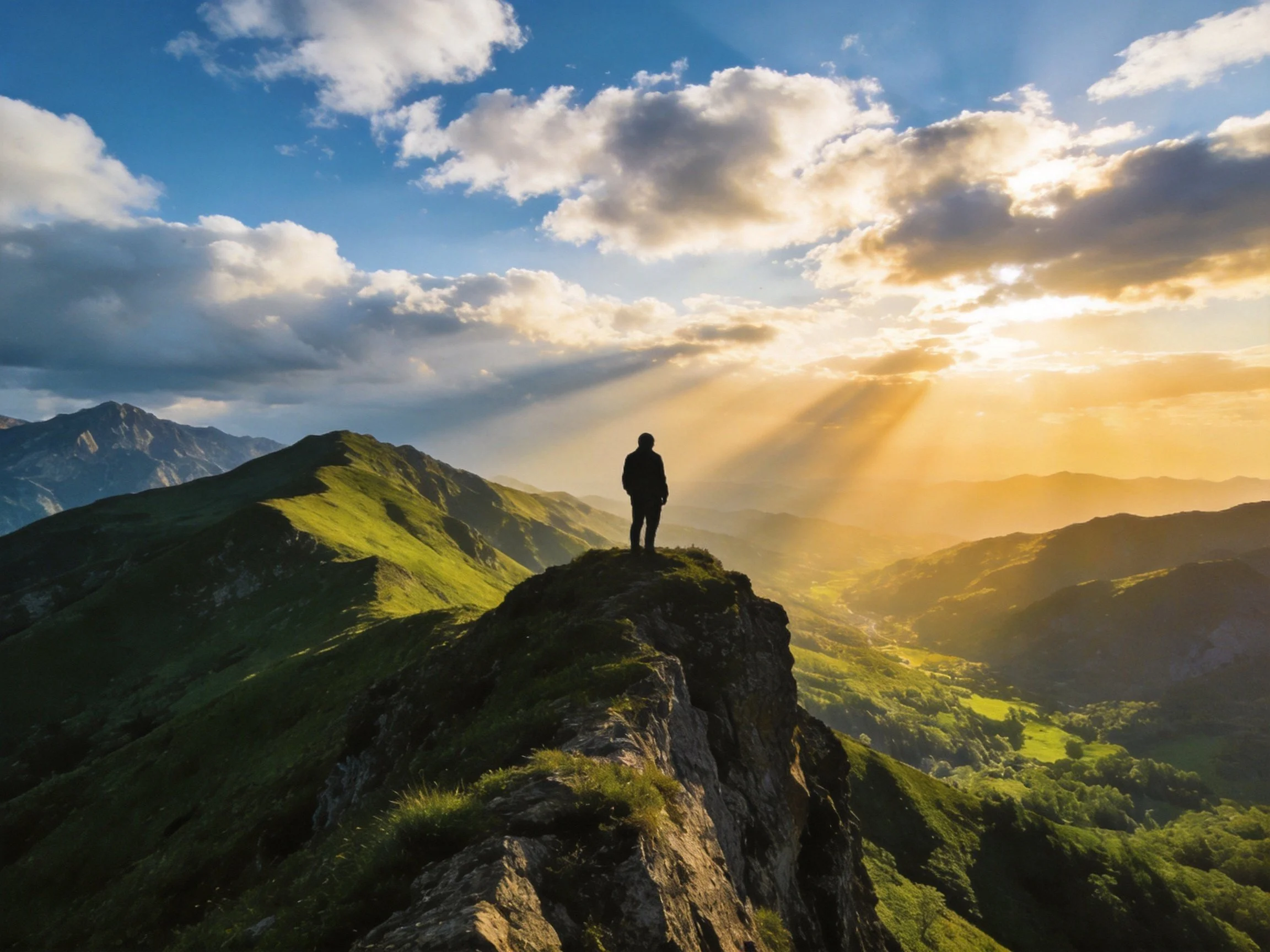 Silhouetted figure atop rocky mountain ridge during golden hour