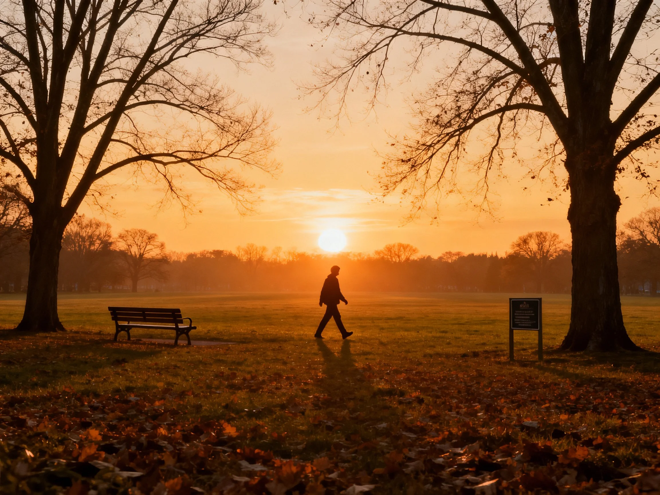 Silhouetted figure walks through autumnal park at golden sunrise