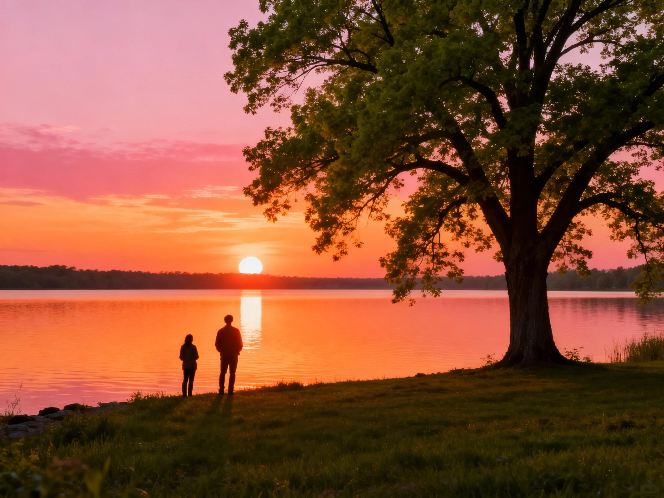 Silhouetted figures by a lake at vibrant sunset beside a large tree