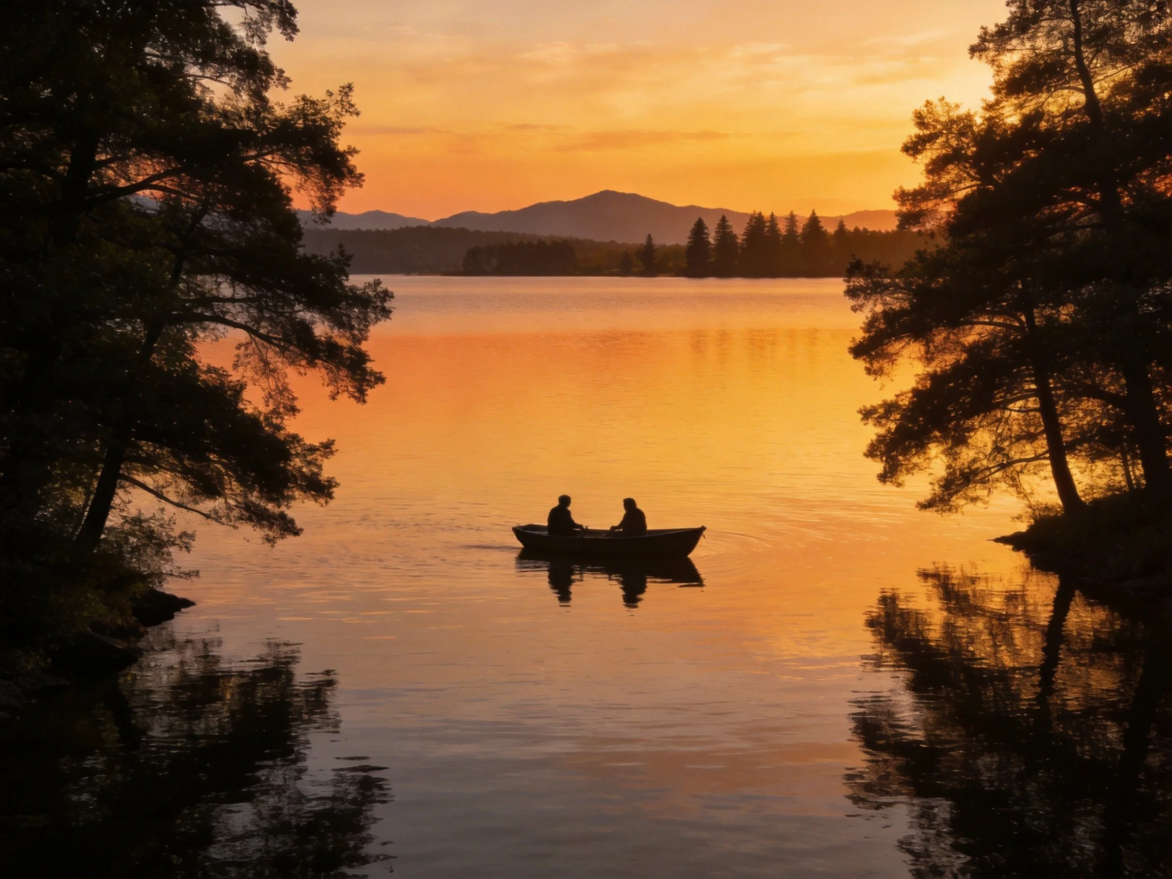 Silhouetted figures in a small boat on a calm lake at sunset