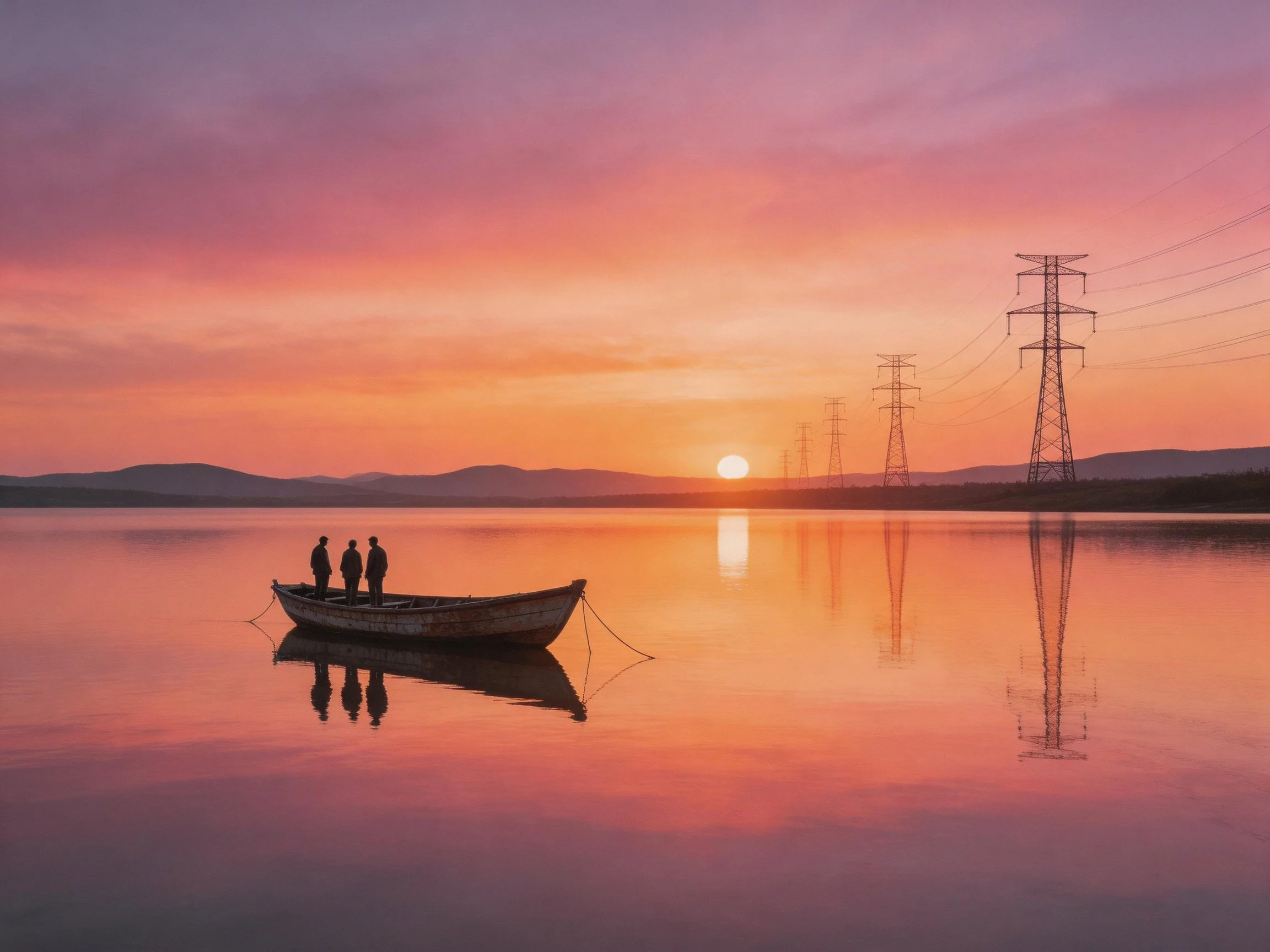 Silhouetted figures on a boat with vibrant sunset reflections