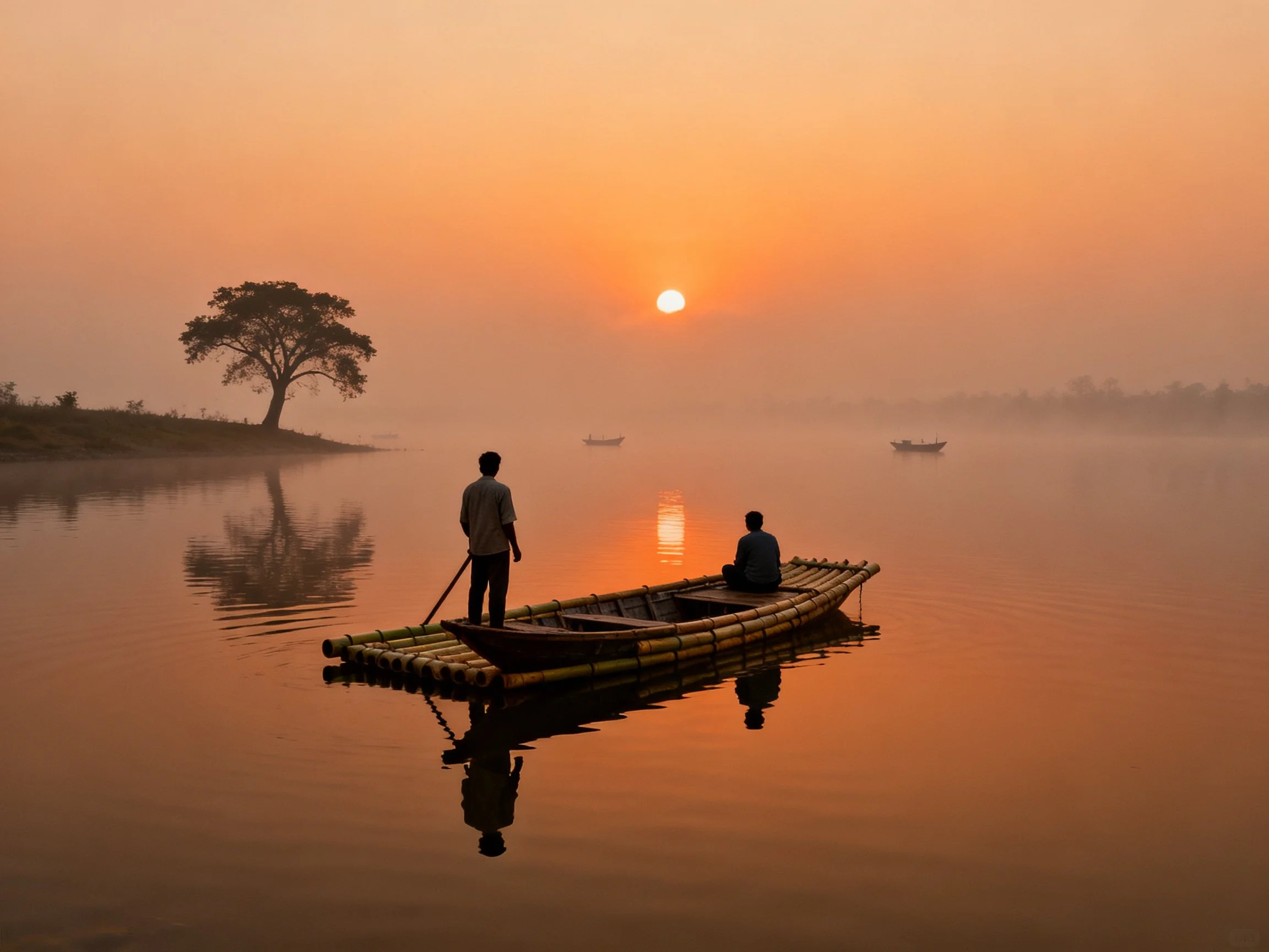 Silhouetted figures on bamboo raft during golden sunrise over calm waters