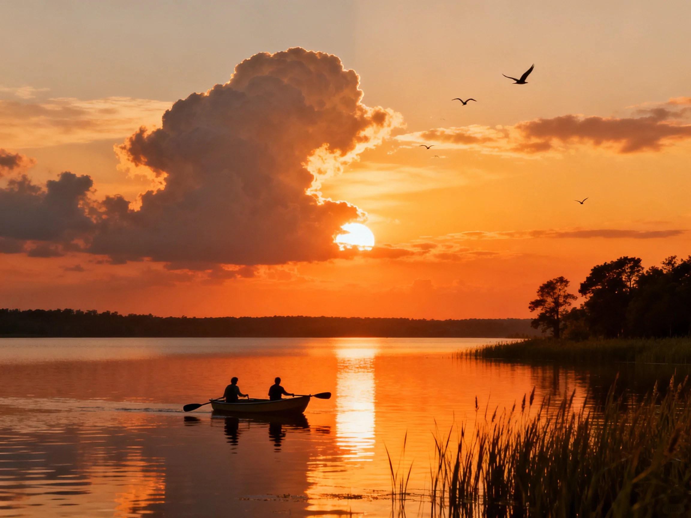 Silhouetted figures rowing a boat on calm waters during vibrant sunset