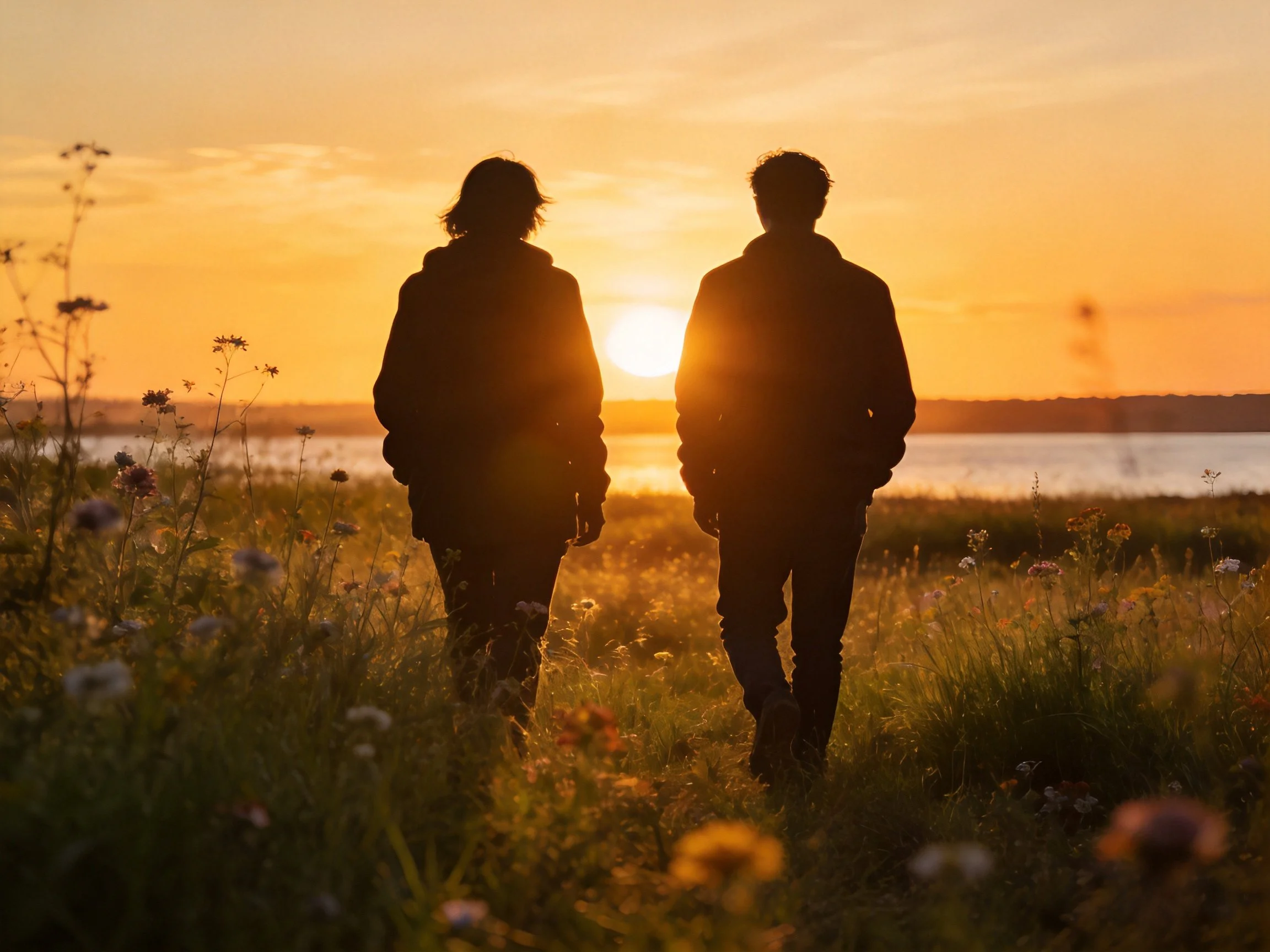 Silhouetted figures stroll through tall grass toward a golden sunset over water