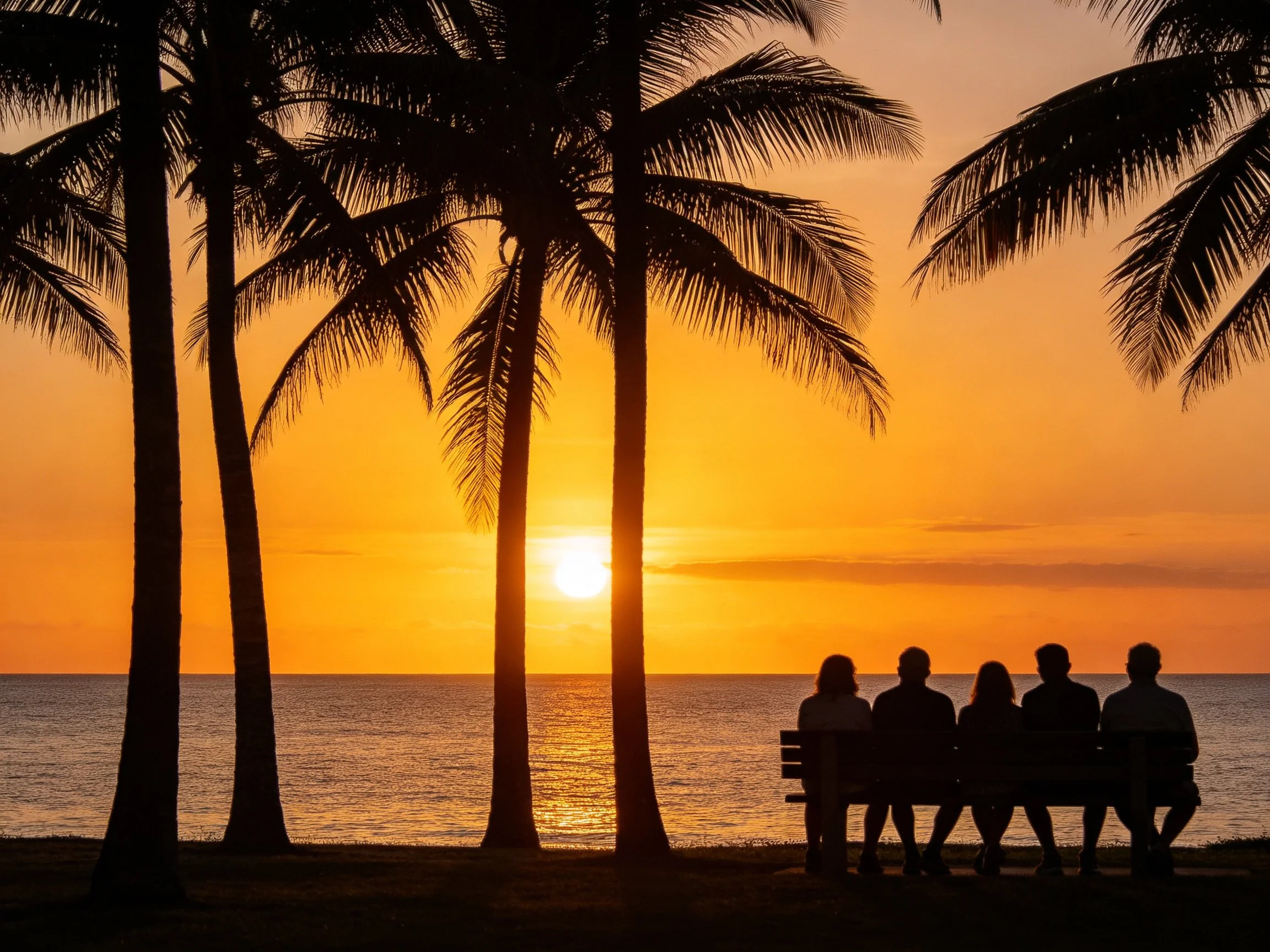 Silhouetted group on bench by palm trees during vibrant sunset