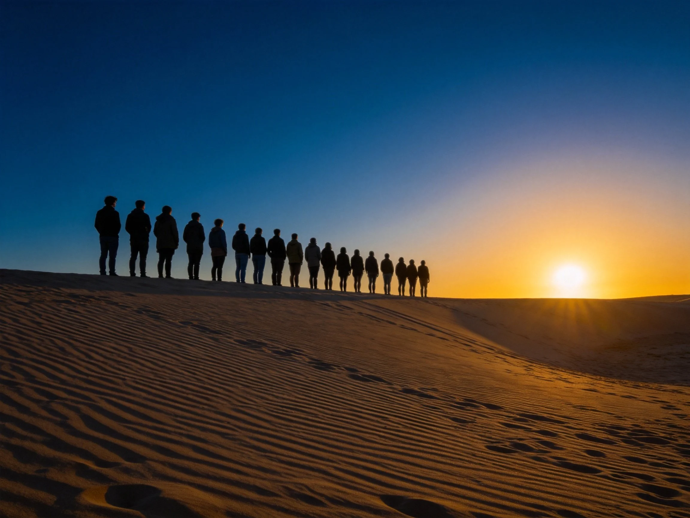 Silhouetted group walking on sand dune at golden sunset