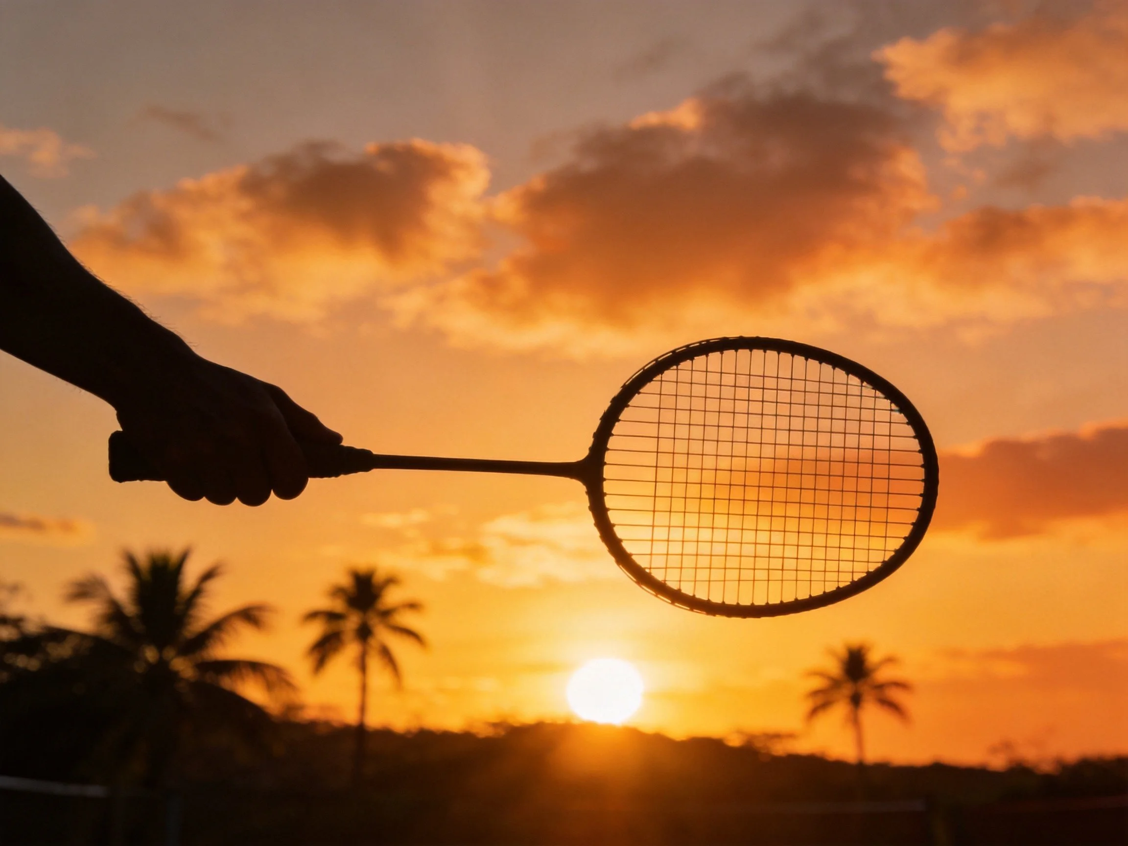 Silhouetted hand holds badminton racket against vibrant orange sunset