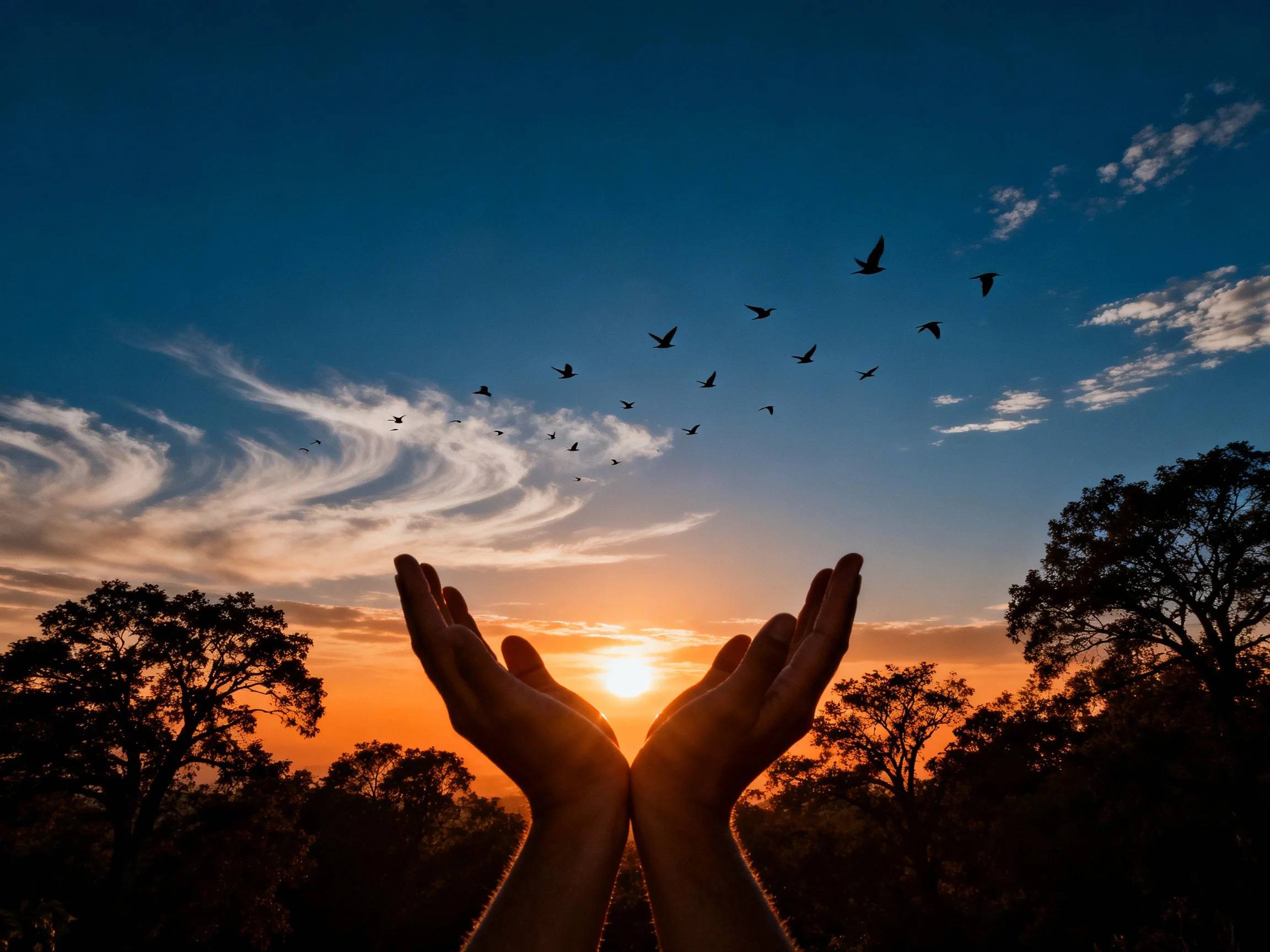 Silhouetted hands cup a vibrant sunset with flying birds