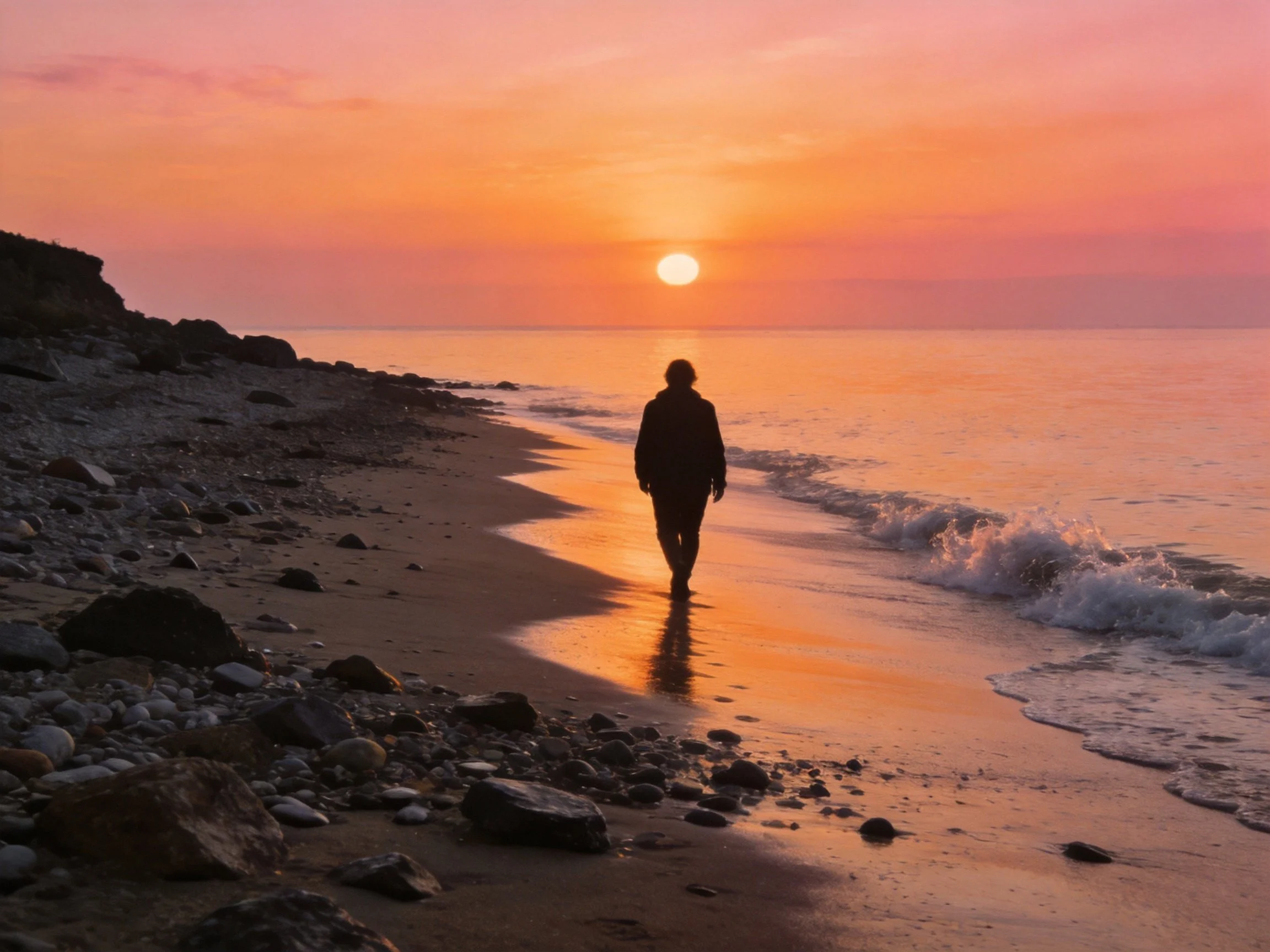 Silhouetted individual strolls rocky shore during vivid sunset
