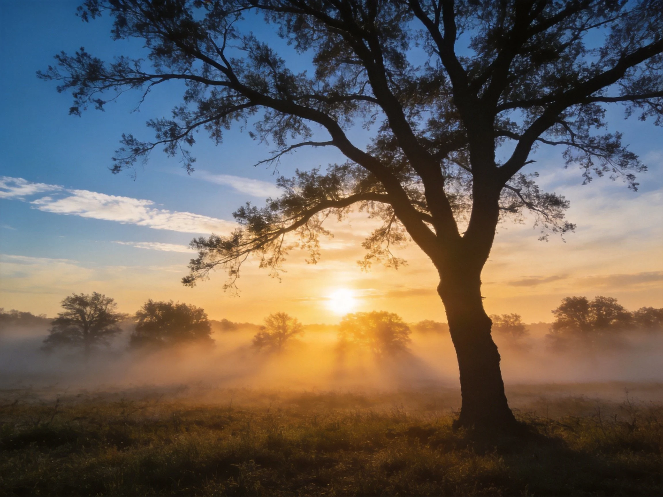 Silhouetted oak tree in misty field during golden sunrise