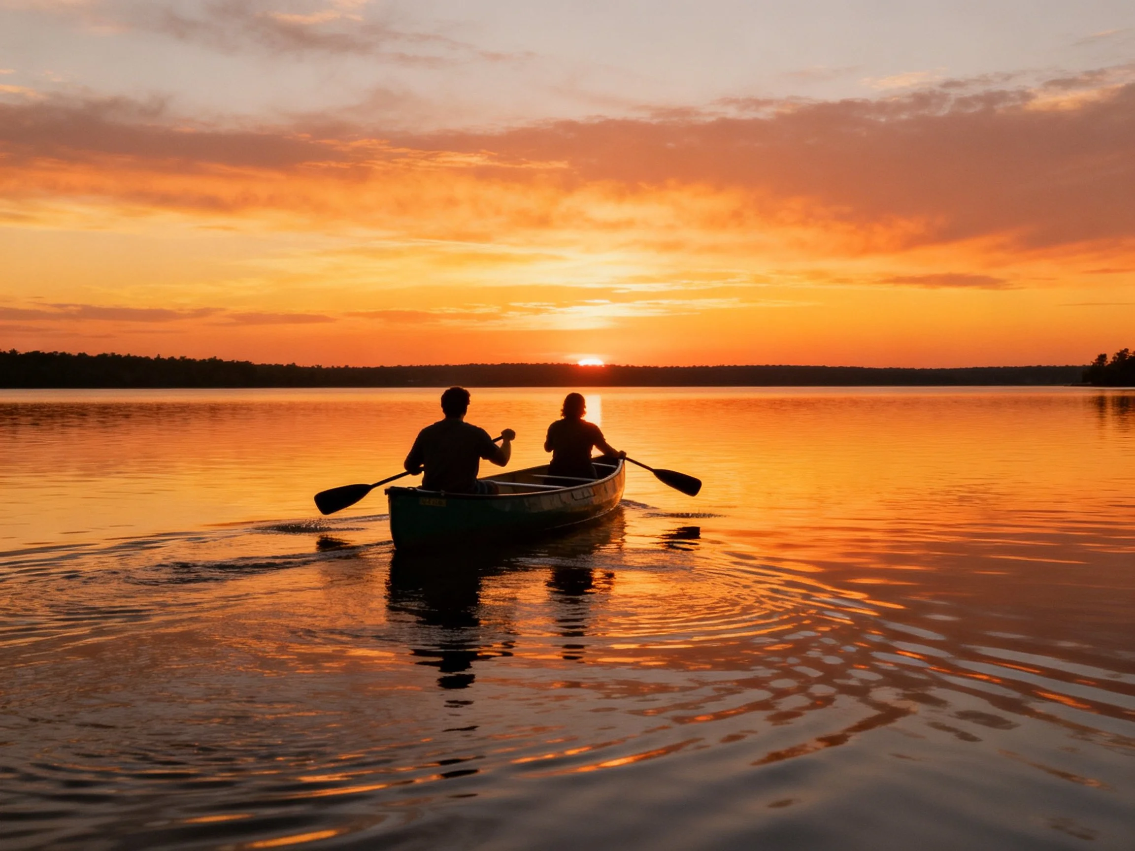 Silhouetted pair canoeing at golden sunset over reflective waters