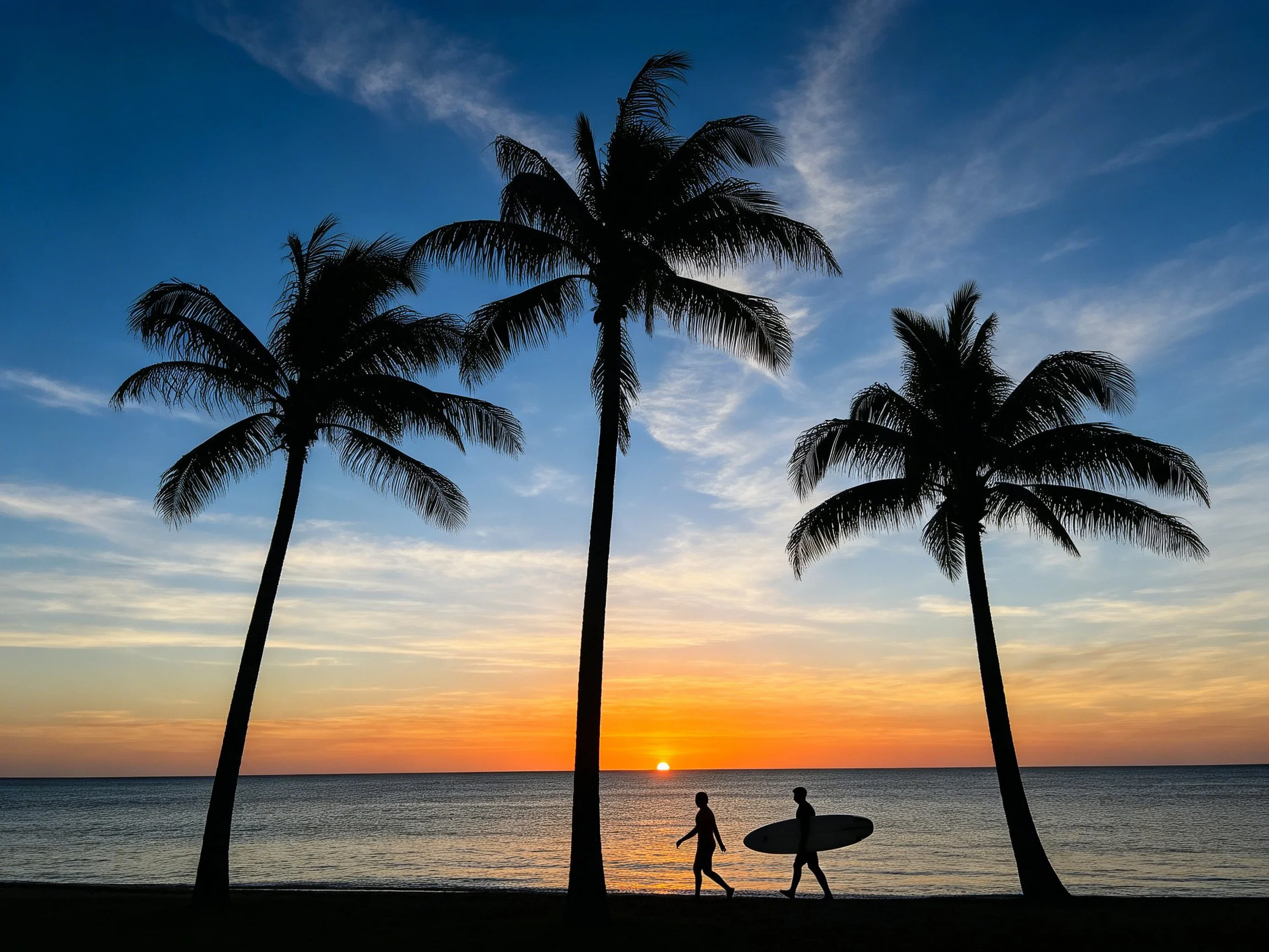 Silhouetted palm trees frame vibrant sunset beach scene with two walkers