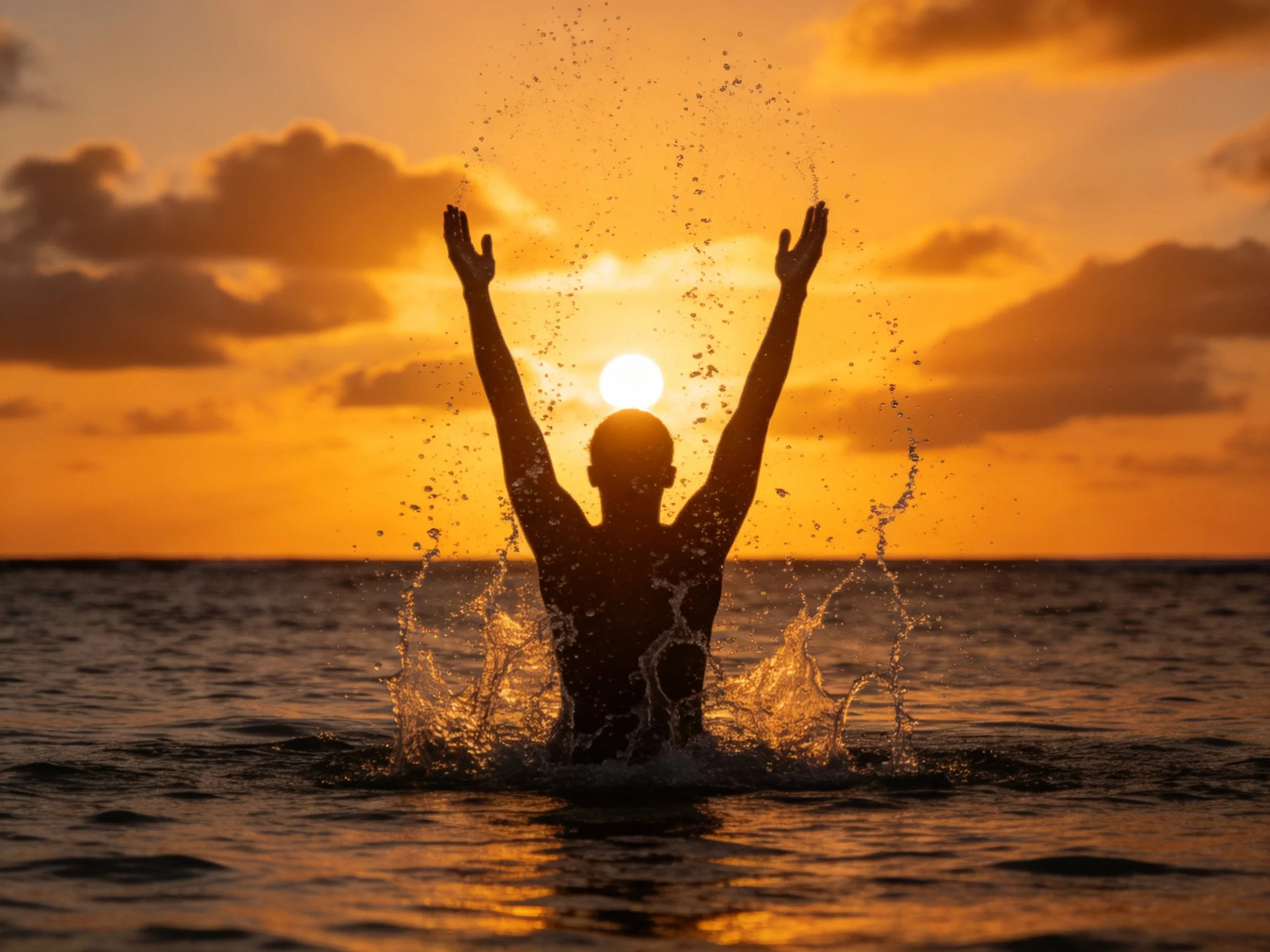 Silhouetted person splashing in ocean during golden sunset