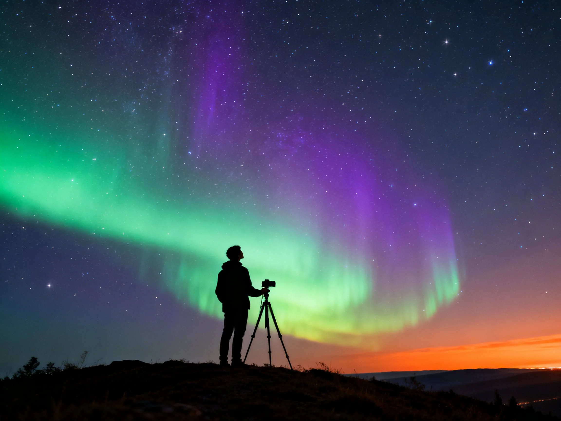 Silhouetted photographer capturing vibrant aurora borealis under starry night