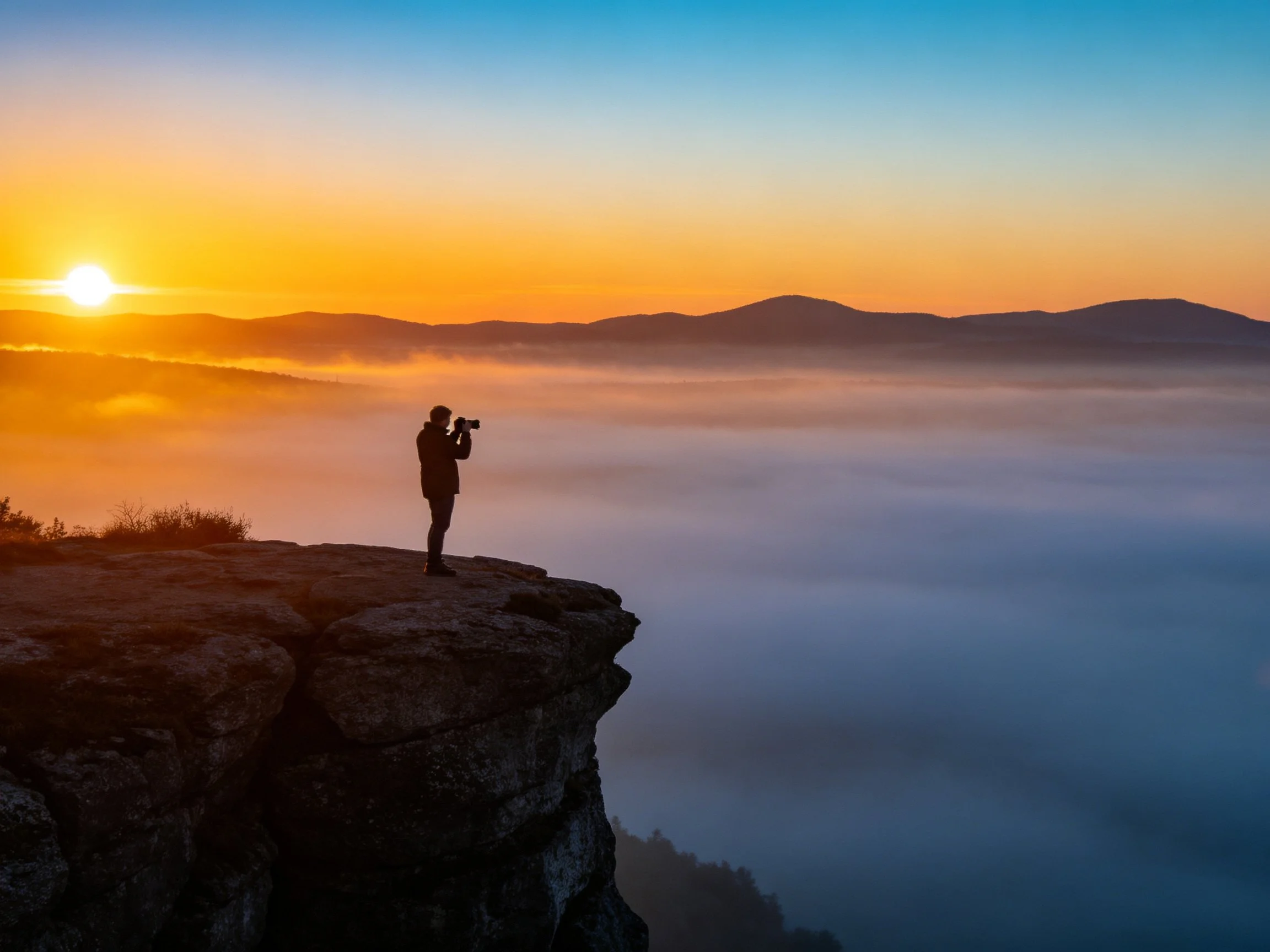 Silhouetted photographer on cliff edge photographing dawn over mountain mist