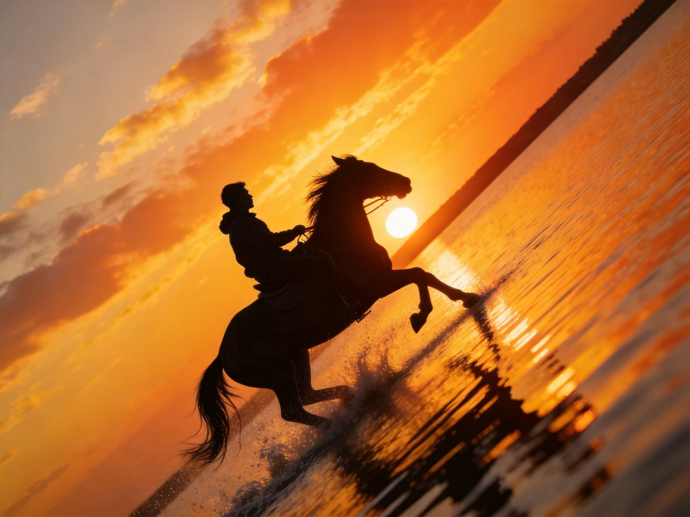 Silhouetted rider on rearing horse at golden sunset over water