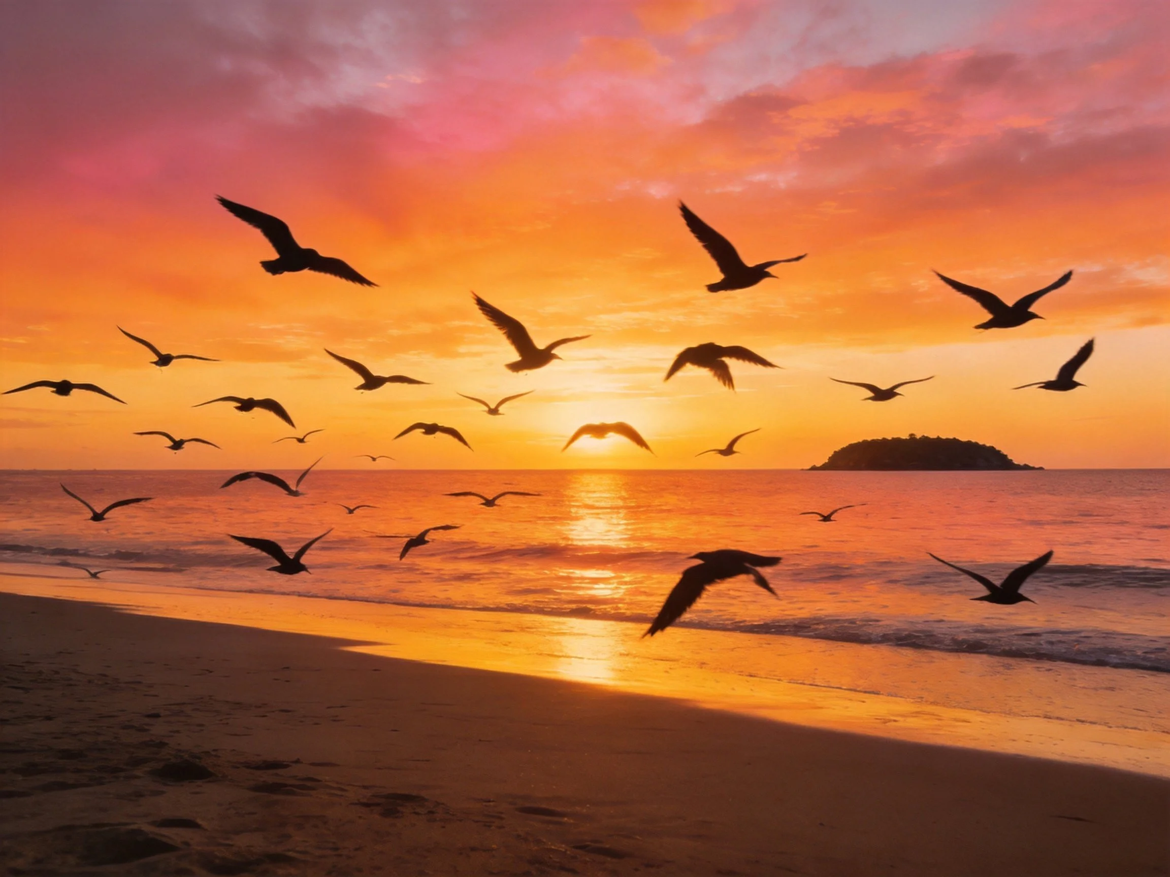 Silhouetted seagulls fly over golden beach at vibrant sunset